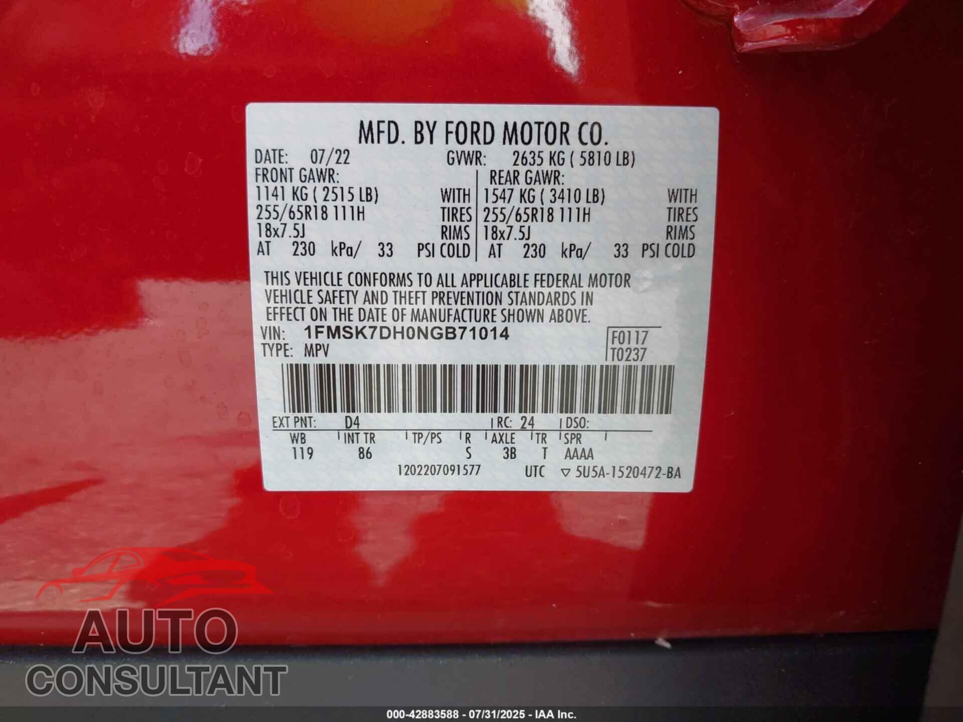 FORD EXPLORER 2022 - 1FMSK7DH0NGB71014