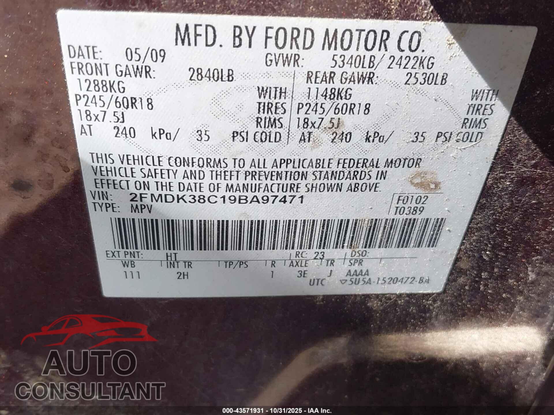 FORD EDGE 2009 - 2FMDK38C19BA97471