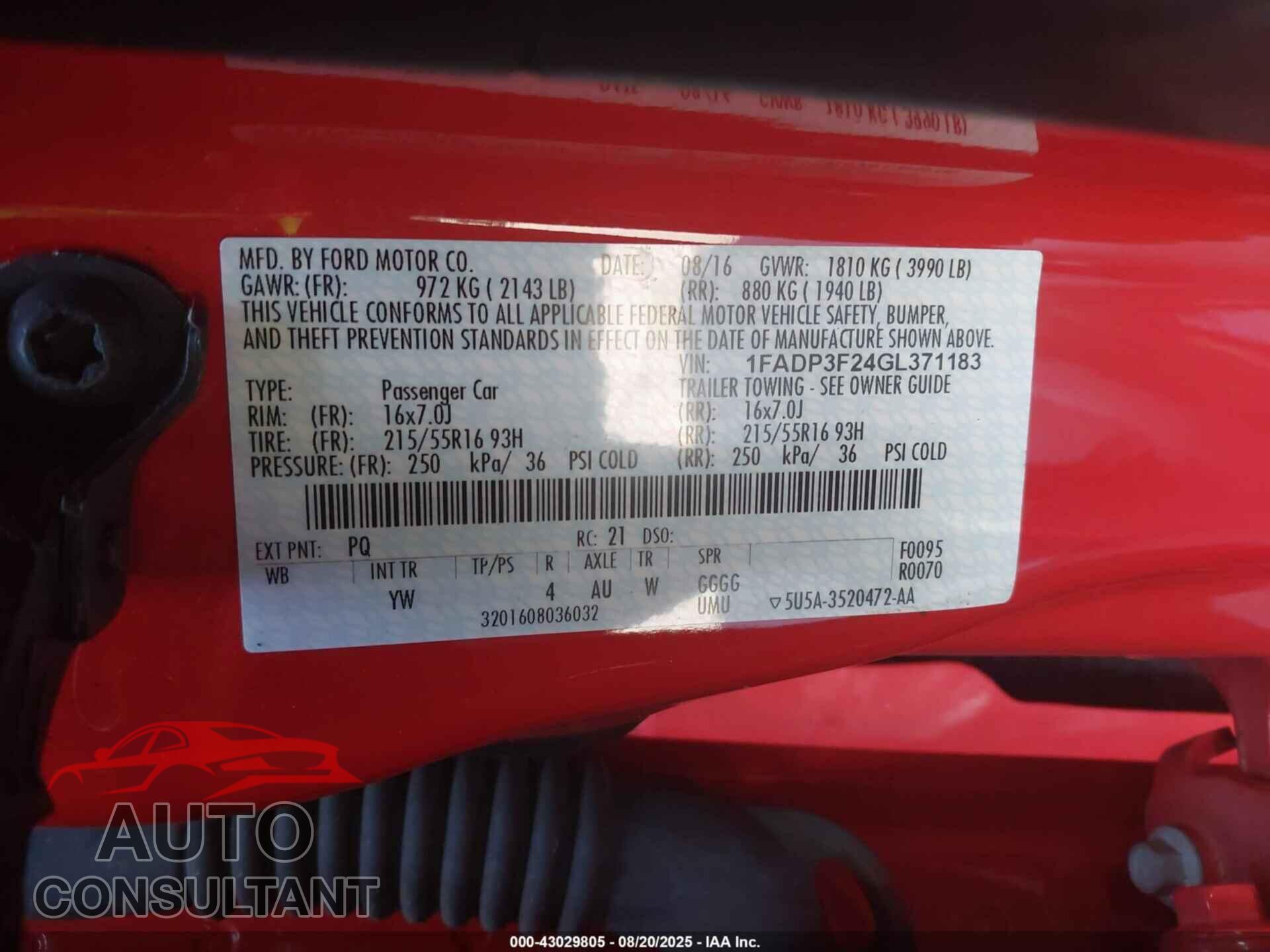 FORD FOCUS 2016 - 1FADP3F24GL371183