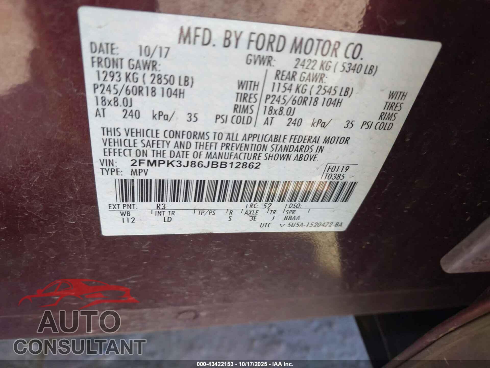 FORD EDGE 2018 - 2FMPK3J86JBB12862
