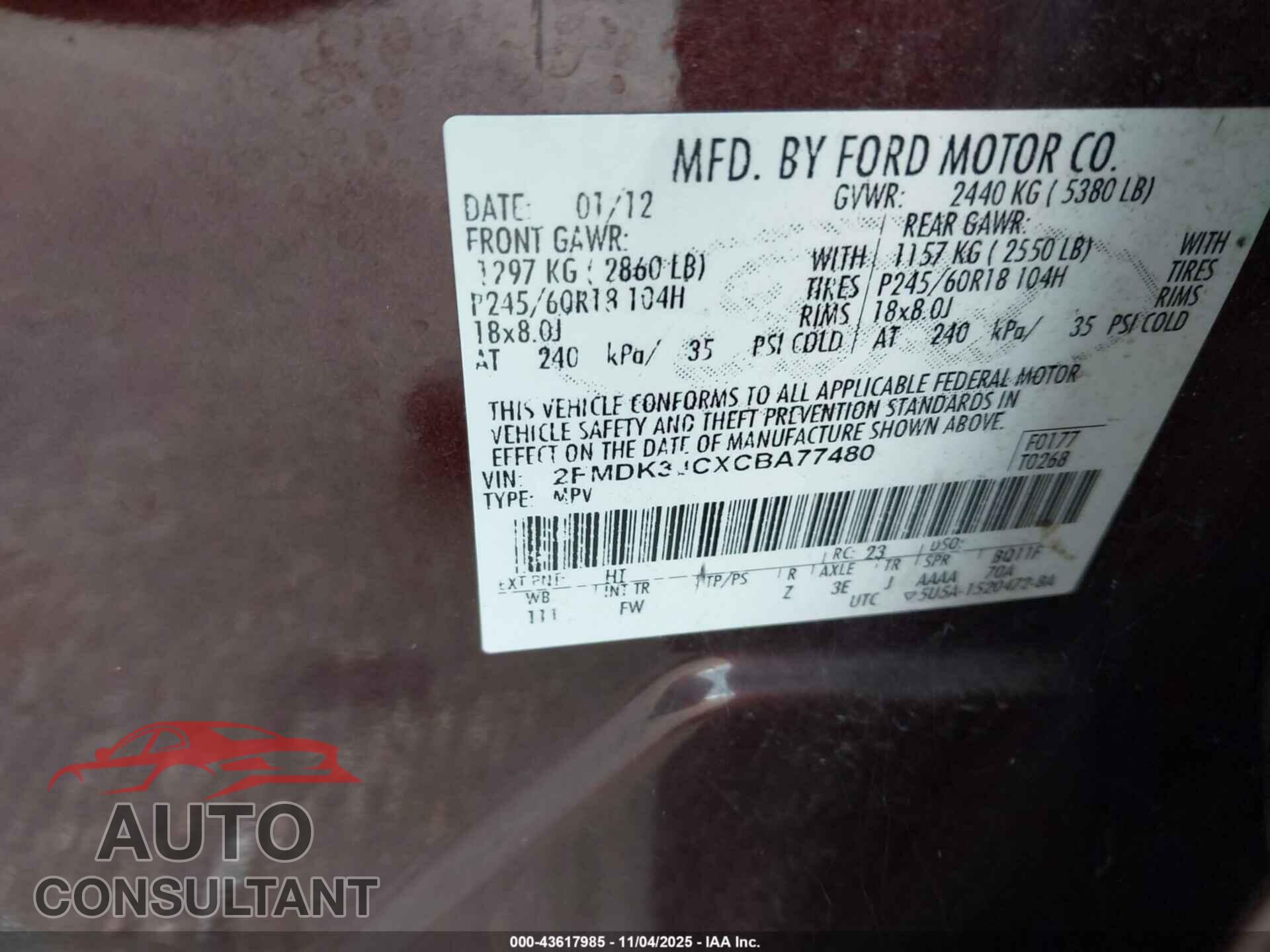 FORD EDGE 2012 - 2FMDK3JCXCBA77480