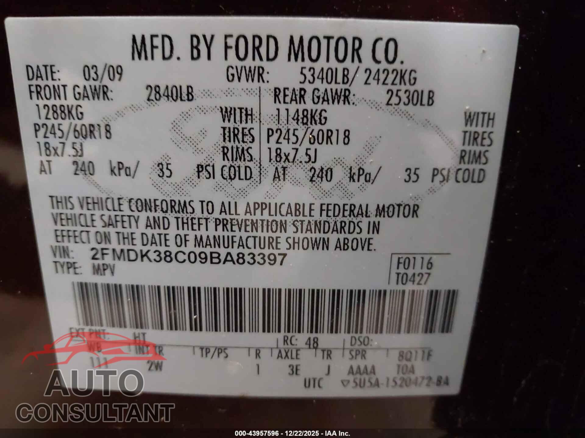 FORD EDGE 2009 - 2FMDK38C09BA83397