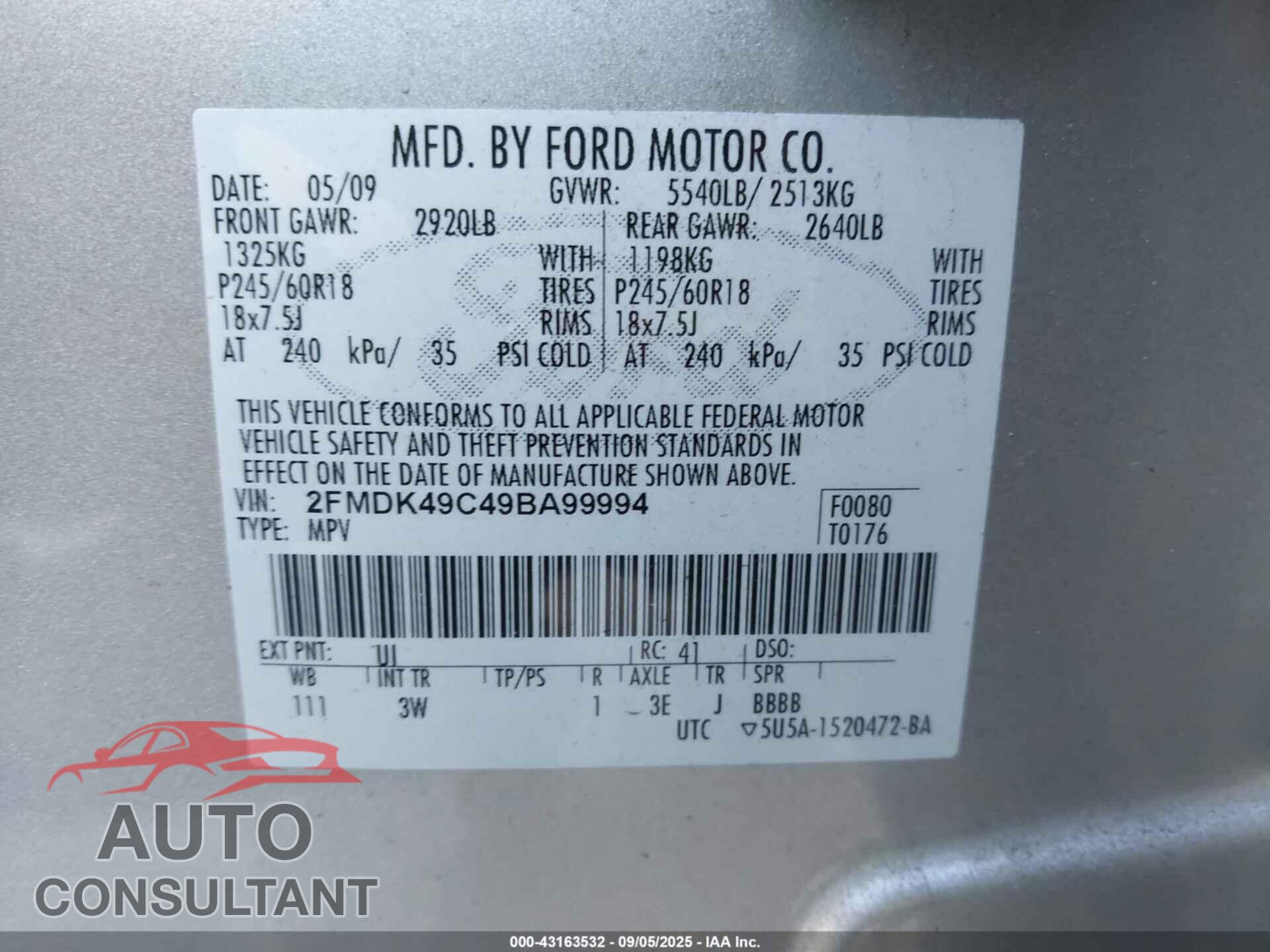 FORD EDGE 2009 - 2FMDK49C49BA99994
