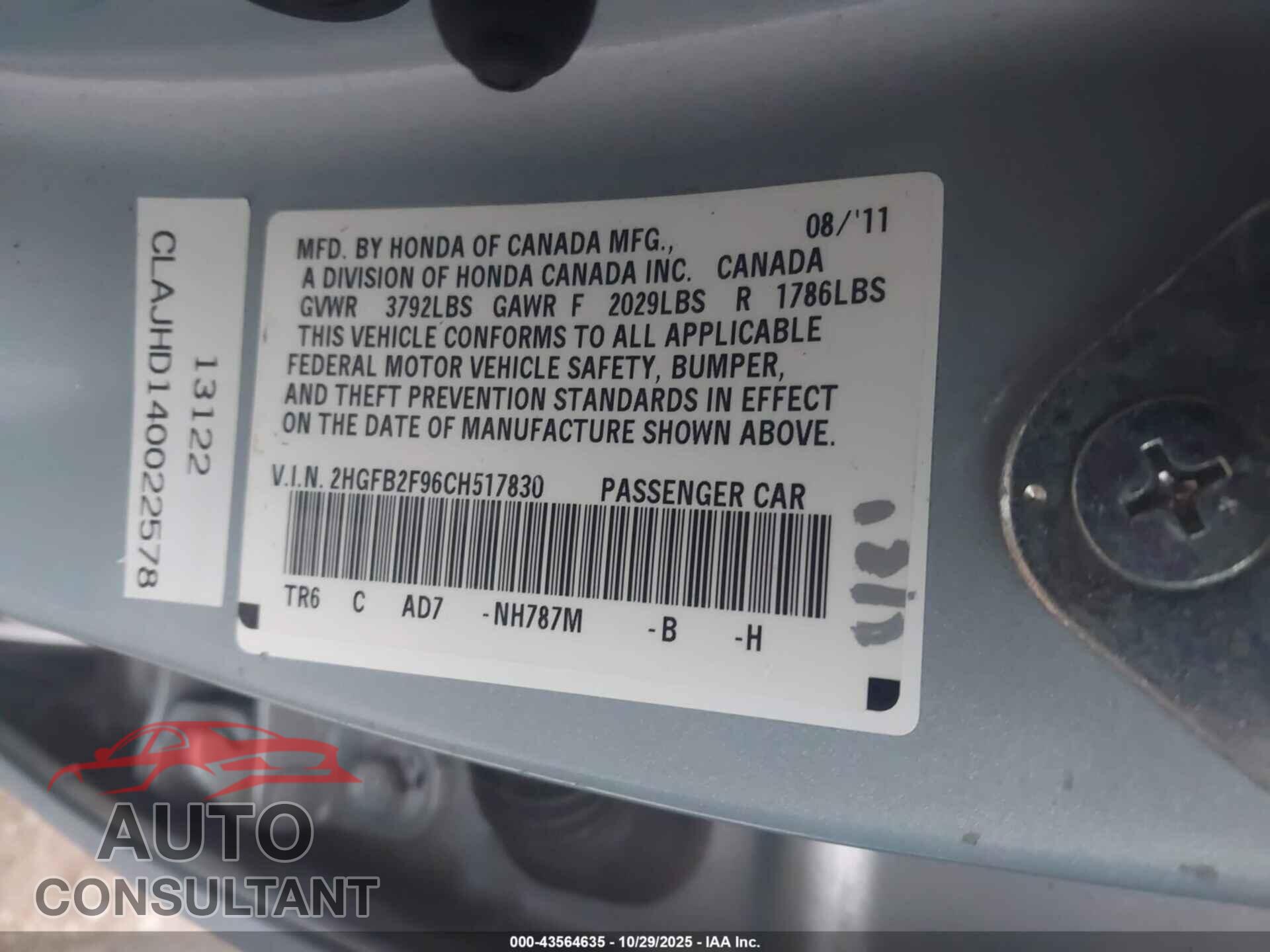 HONDA CIVIC 2012 - 2HGFB2F96CH517830