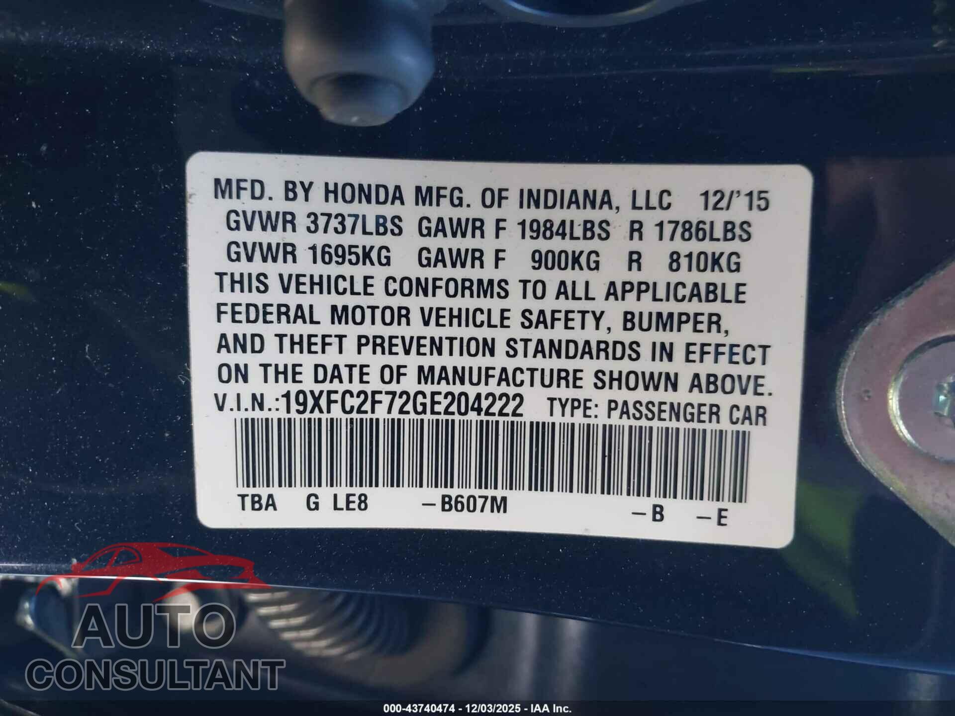 HONDA CIVIC 2016 - 19XFC2F72GE204222