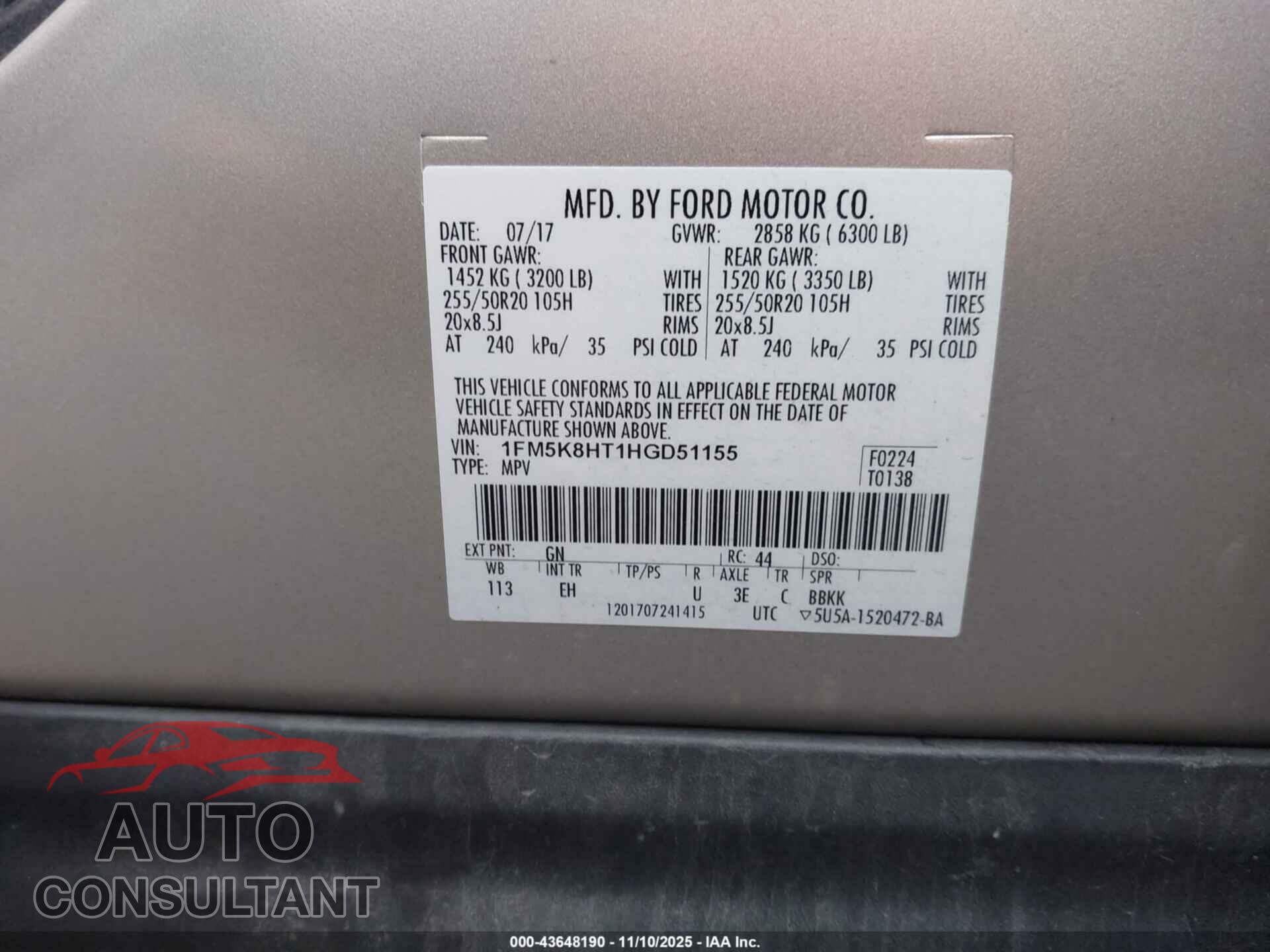 FORD EXPLORER 2017 - 1FM5K8HT1HGD51155