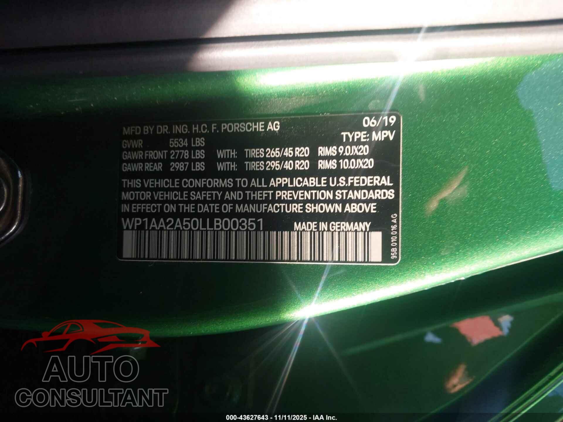PORSCHE MACAN 2020 - WP1AA2A50LLB00351