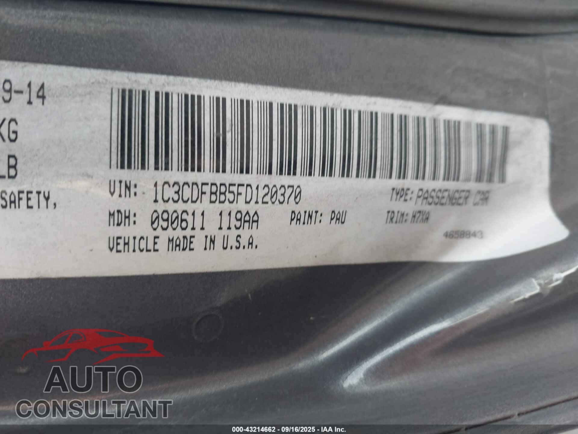 DODGE DART 2015 - 1C3CDFBB5FD120370