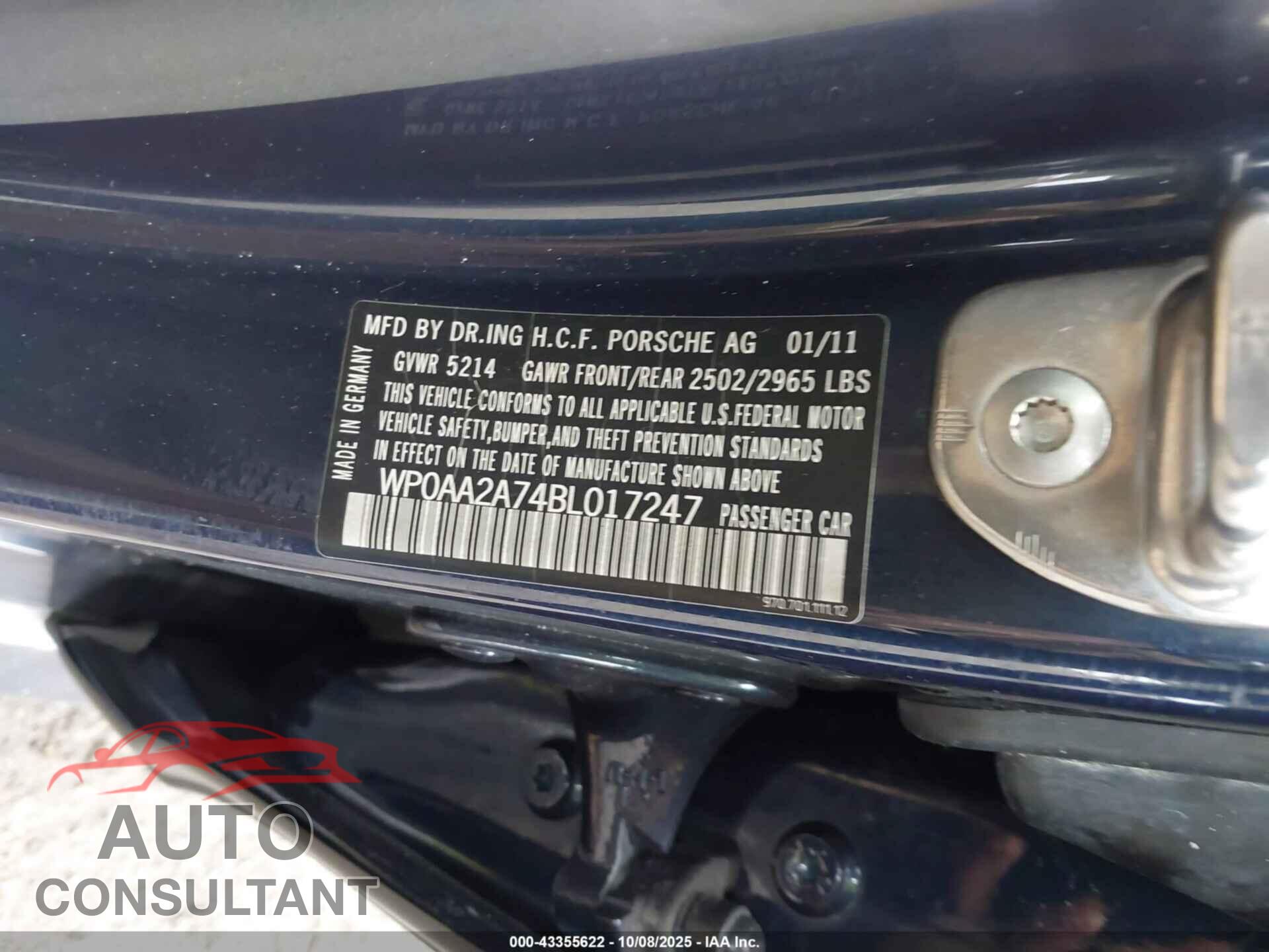 PORSCHE PANAMERA 2011 - WP0AA2A74BL017247