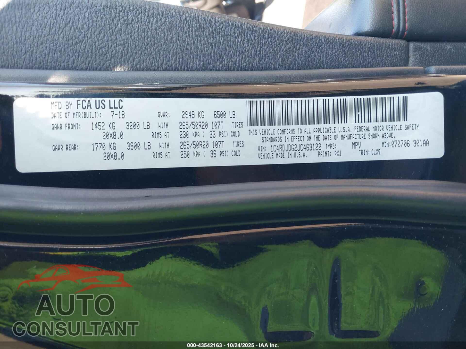 DODGE DURANGO 2018 - 1C4RDJDG2JC463122