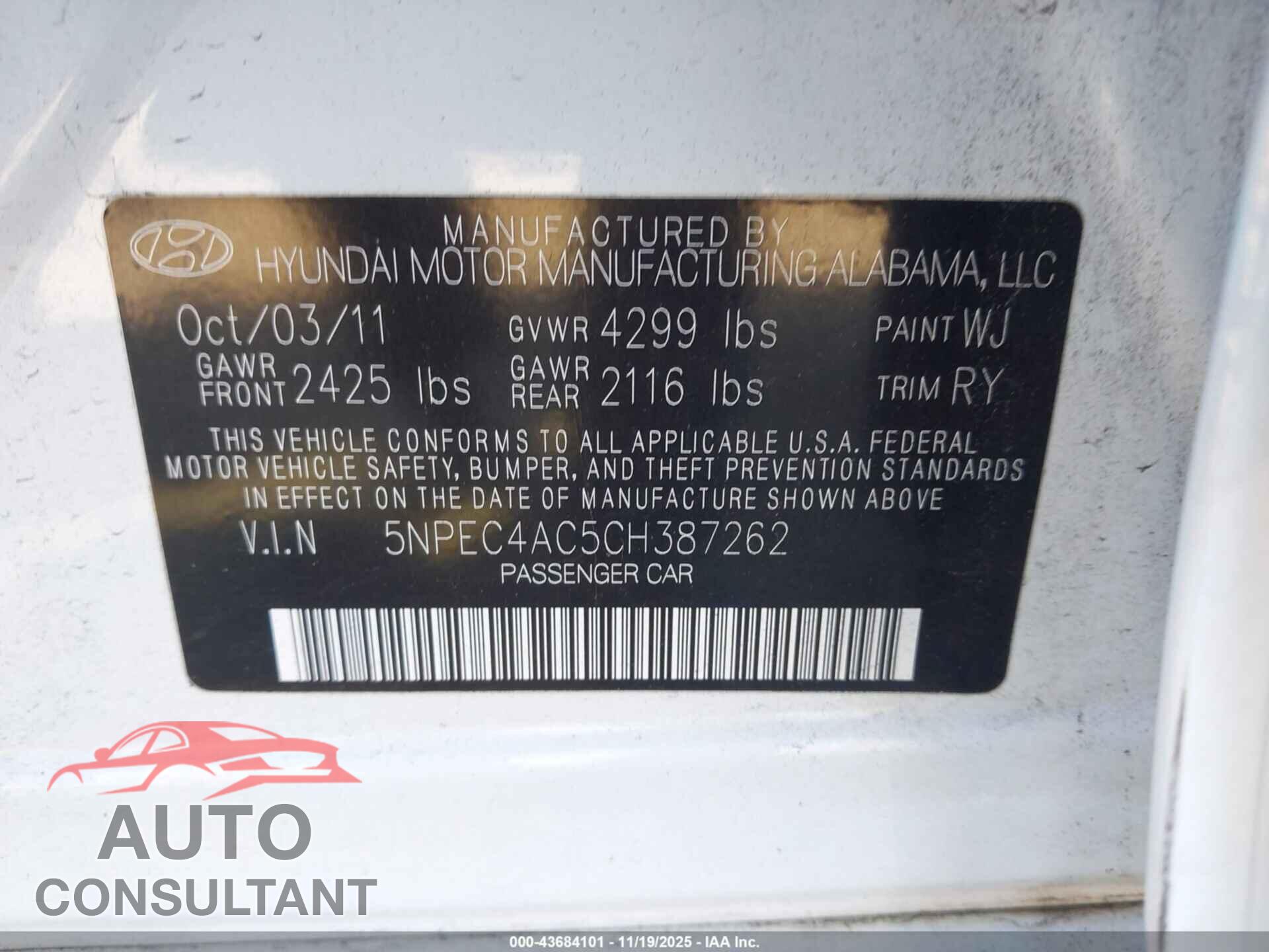 HYUNDAI SONATA 2012 - 5NPEC4AC5CH387262