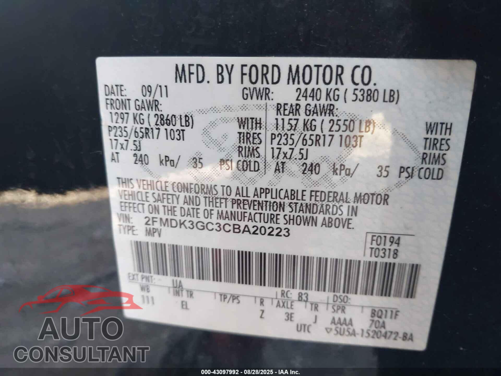 FORD EDGE 2012 - 2FMDK3GC3CBA20223