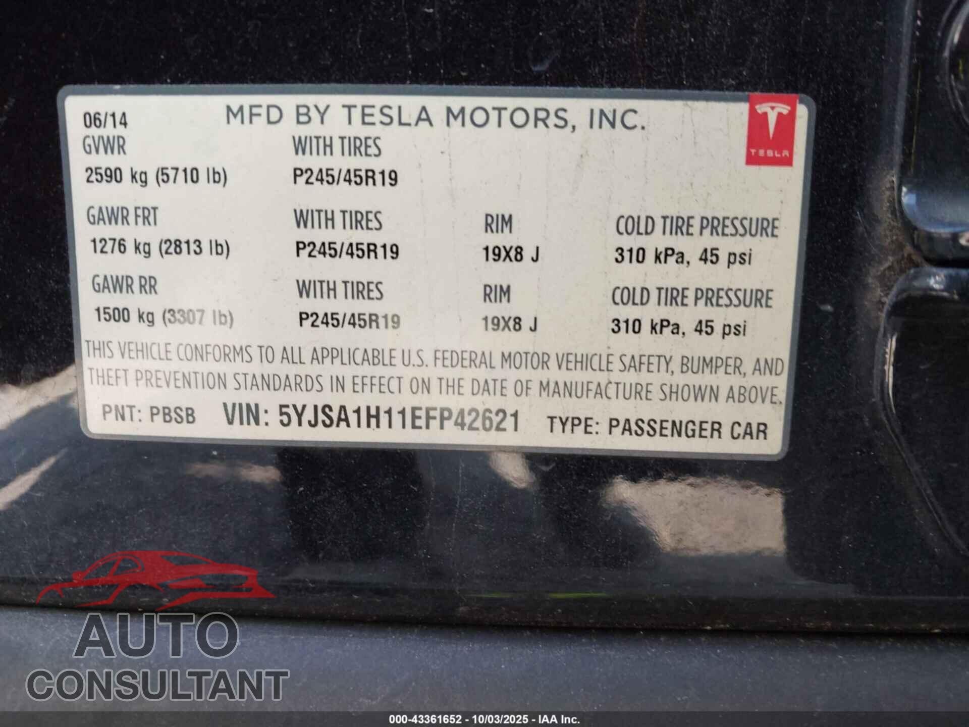 TESLA MODEL S 2014 - 5YJSA1H11EFP42621