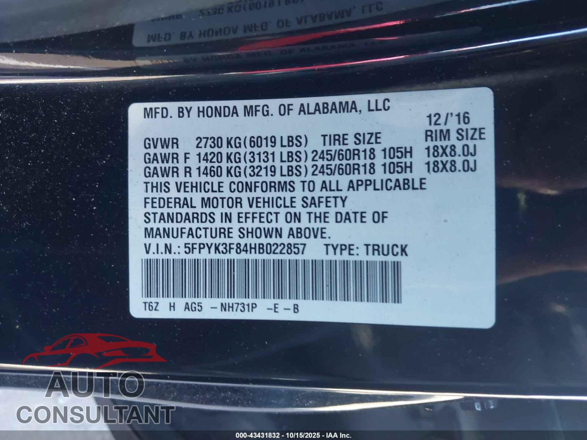 HONDA RIDGELINE 2017 - 5FPYK3F84HB022857