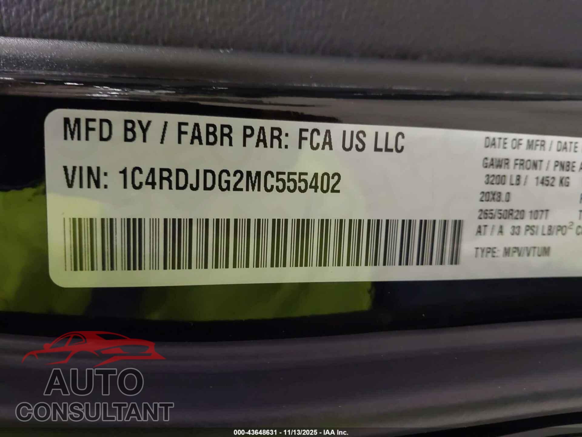 DODGE DURANGO 2021 - 1C4RDJDG2MC555402