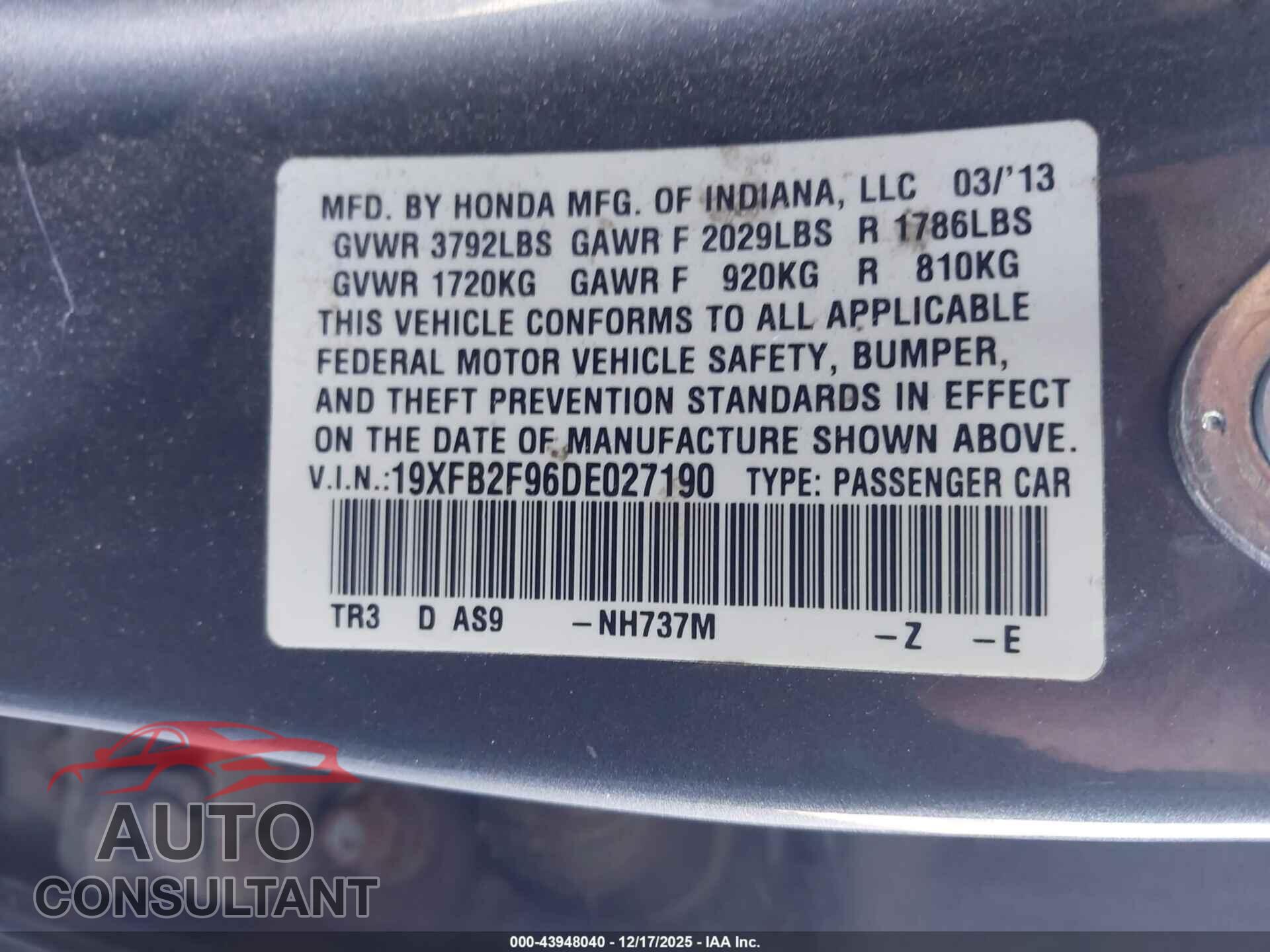 HONDA CIVIC 2013 - 19XFB2F96DE027190