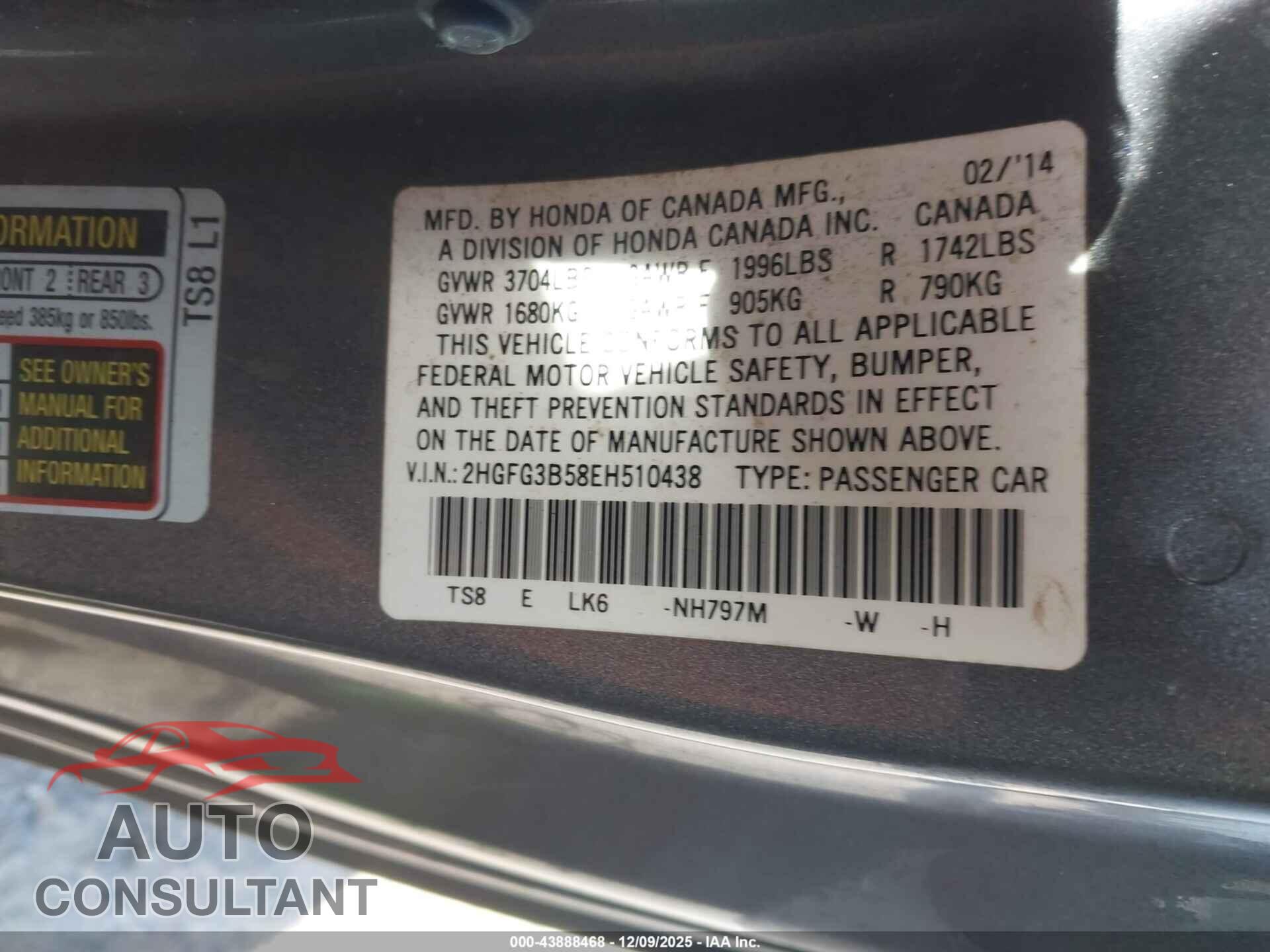 HONDA CIVIC 2014 - 2HGFG3B58EH510438