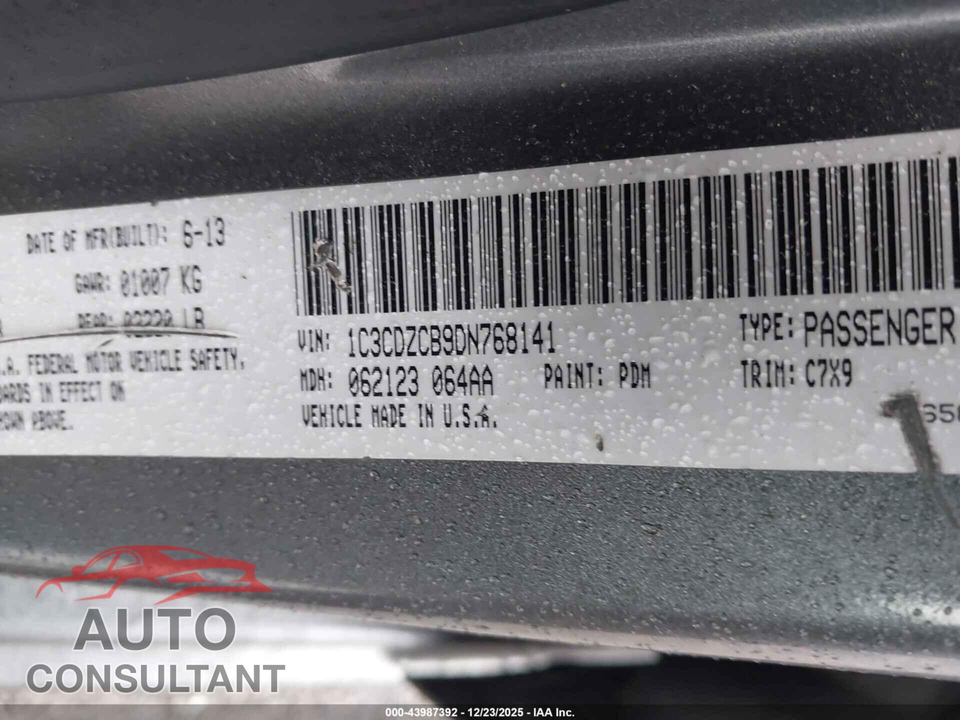 DODGE AVENGER 2013 - 1C3CDZCB9DN768141