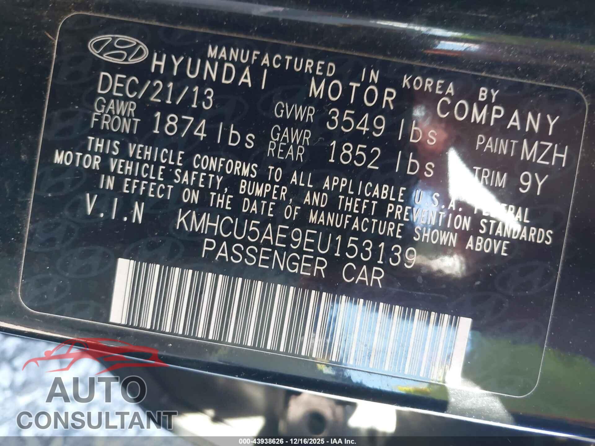HYUNDAI ACCENT 2014 - KMHCU5AE9EU153139