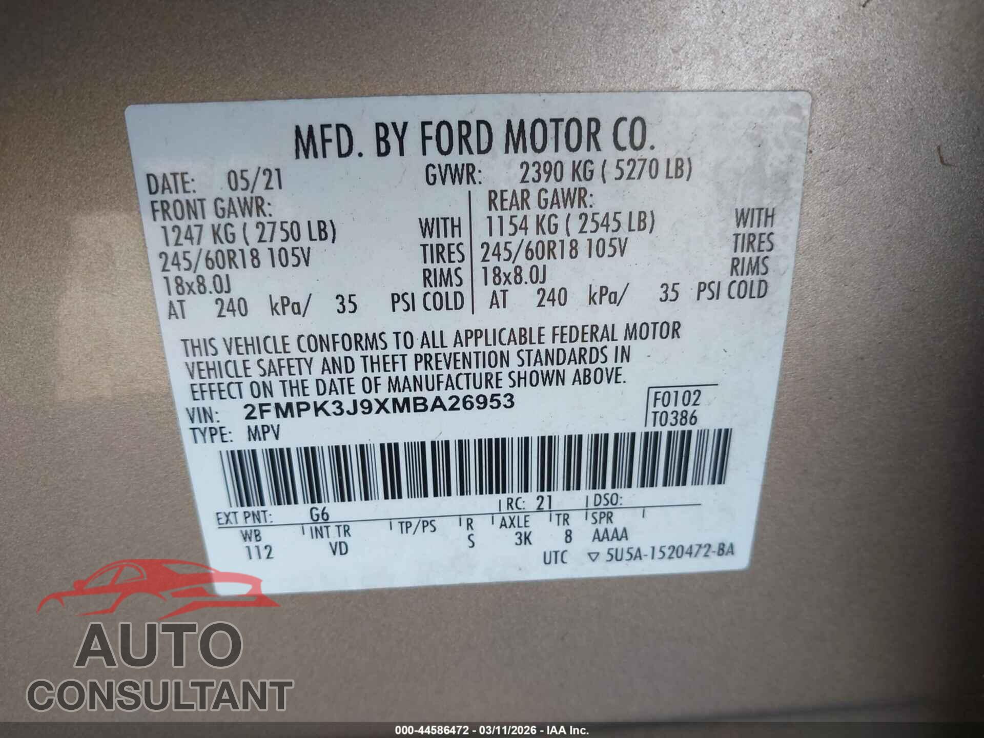 FORD EDGE 2021 - 2FMPK3J9XMBA26953