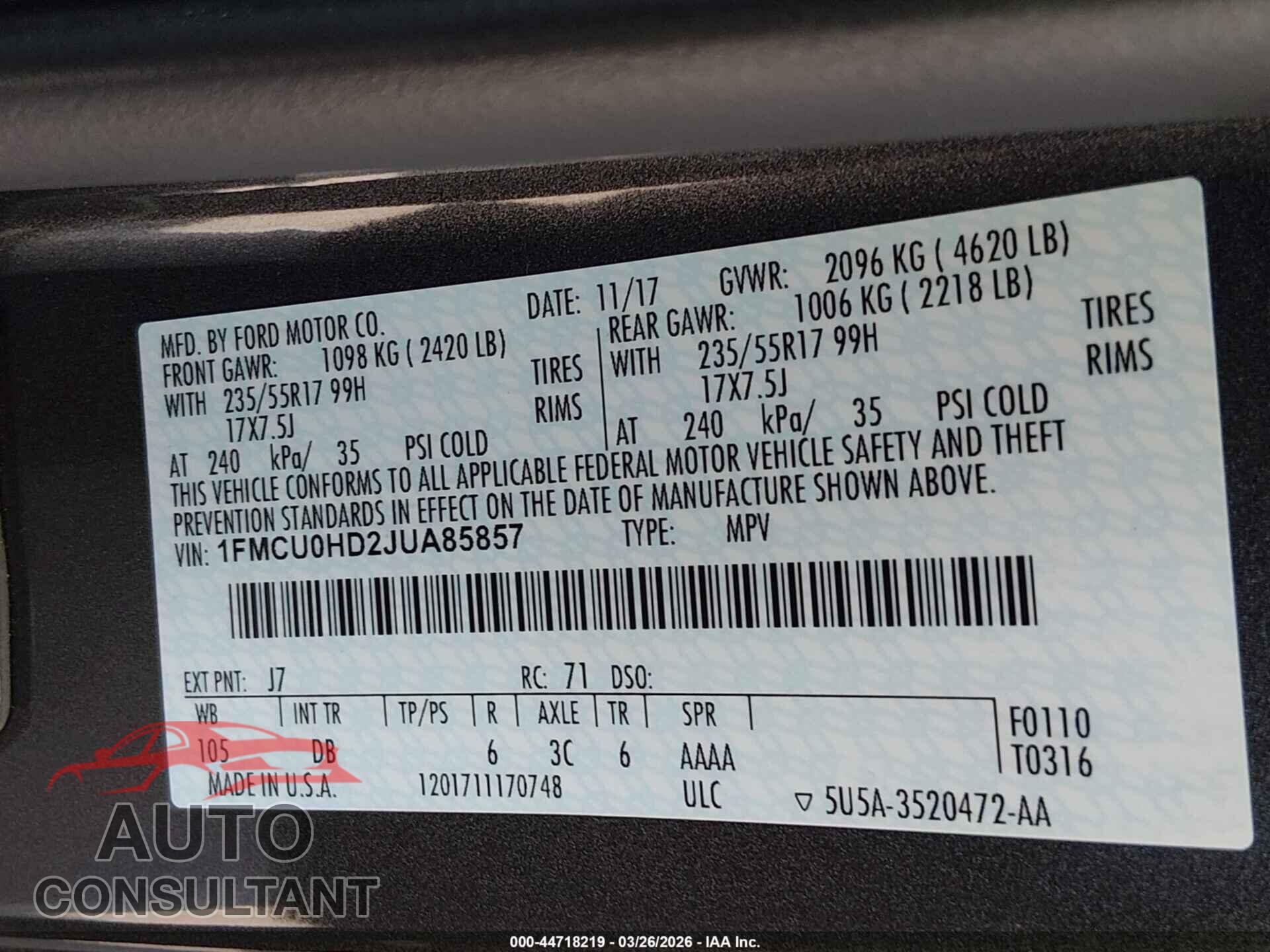 FORD ESCAPE 2018 - 1FMCU0HD2JUA85857