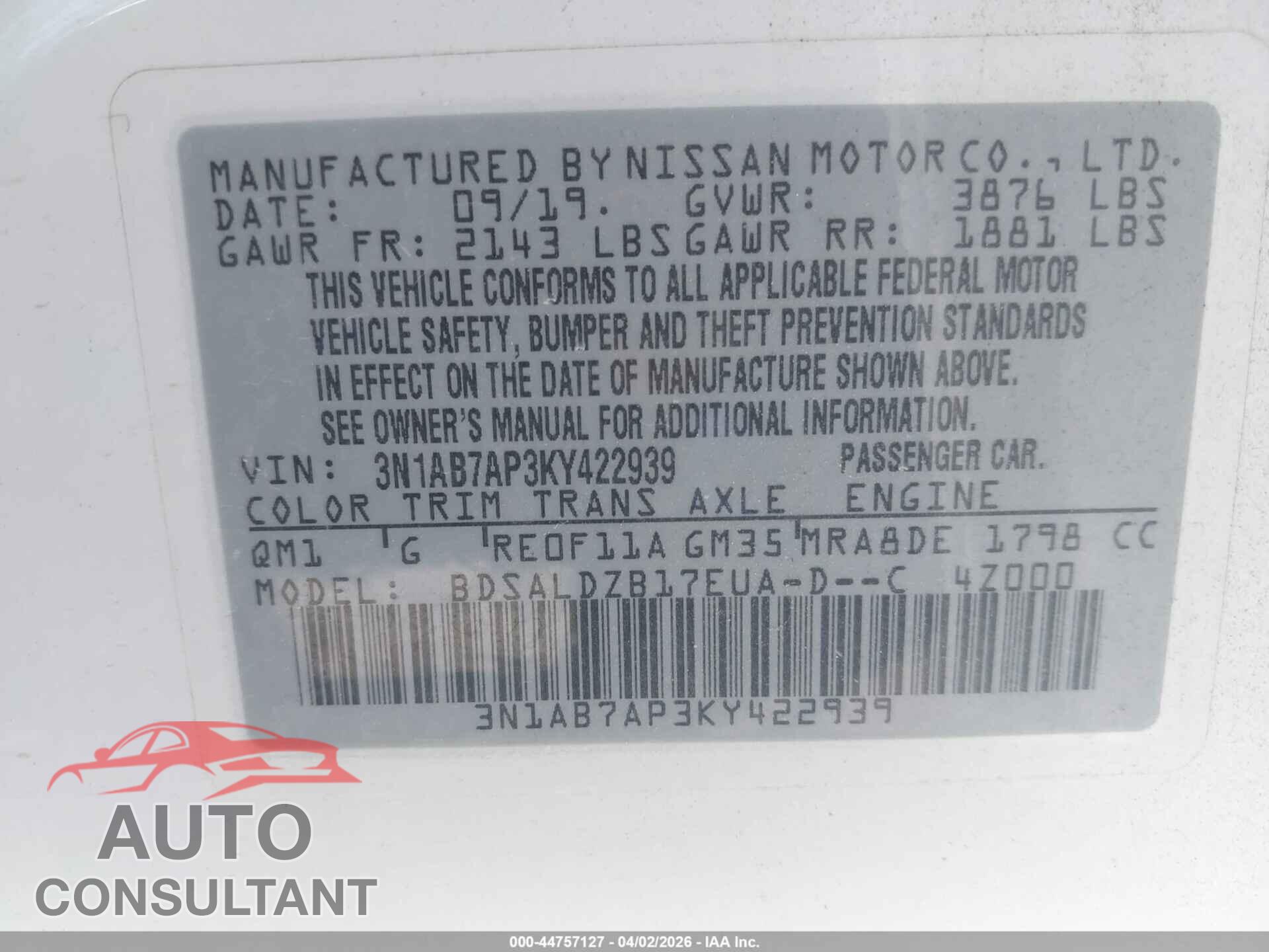 NISSAN SENTRA 2019 - 3N1AB7AP3KY422939