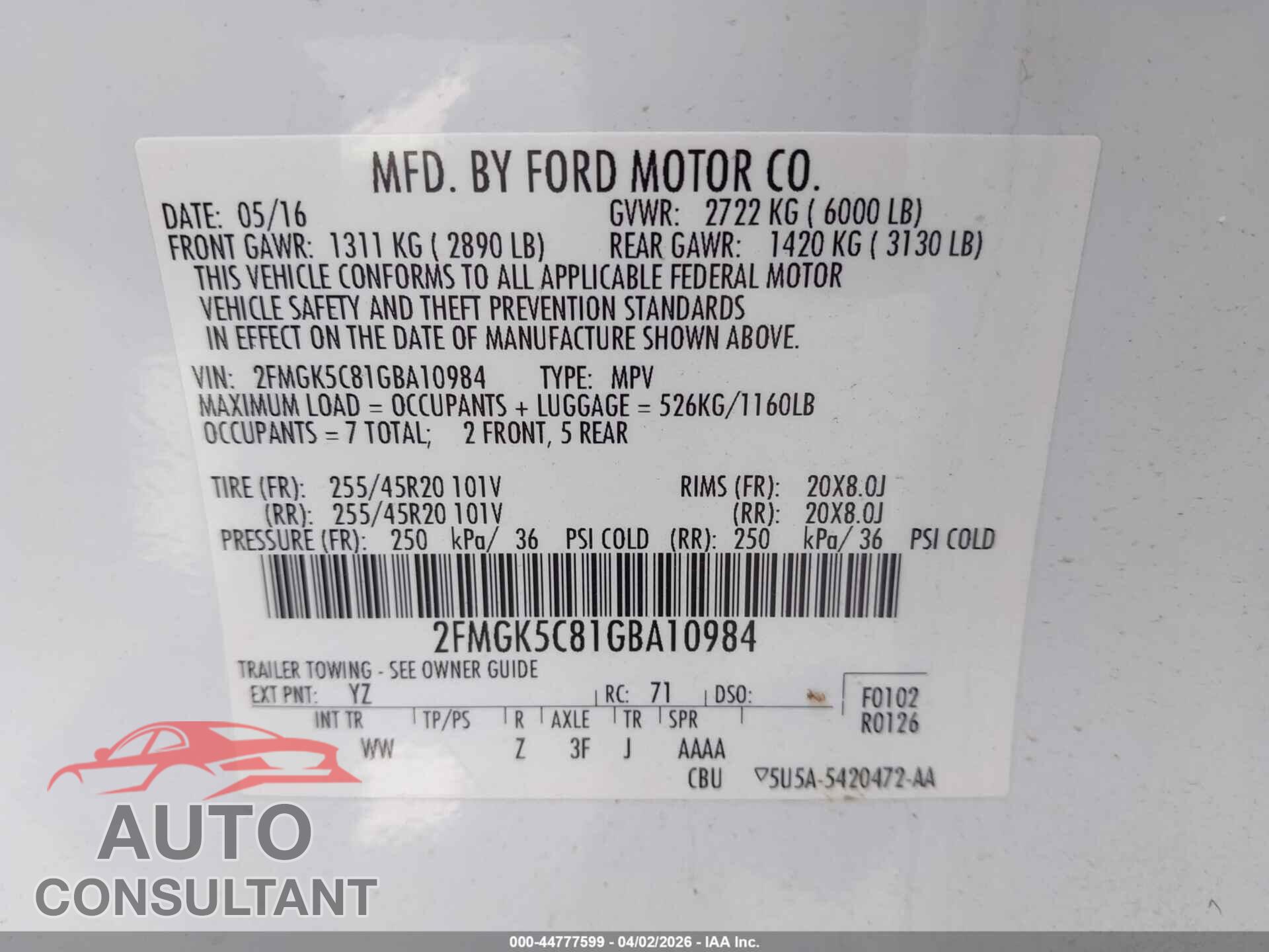 FORD FLEX 2016 - 2FMGK5C81GBA10984