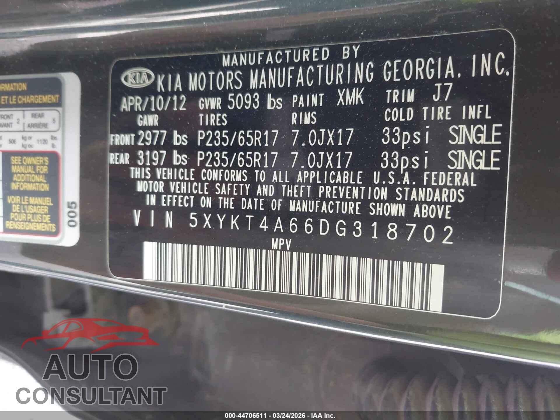 KIA SORENTO 2013 - 5XYKT4A66DG318702