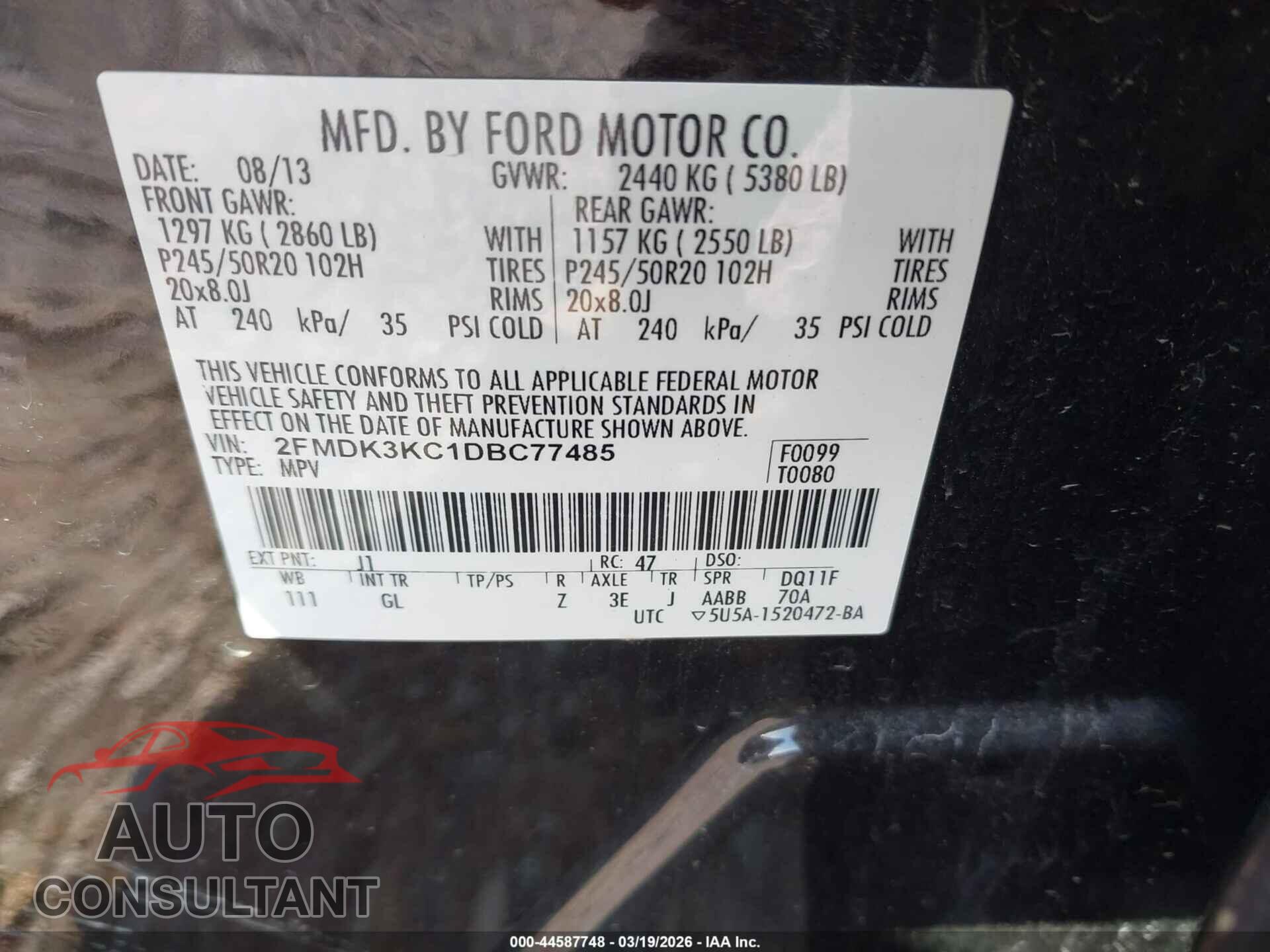 FORD EDGE 2013 - 2FMDK3KC1DBC77485