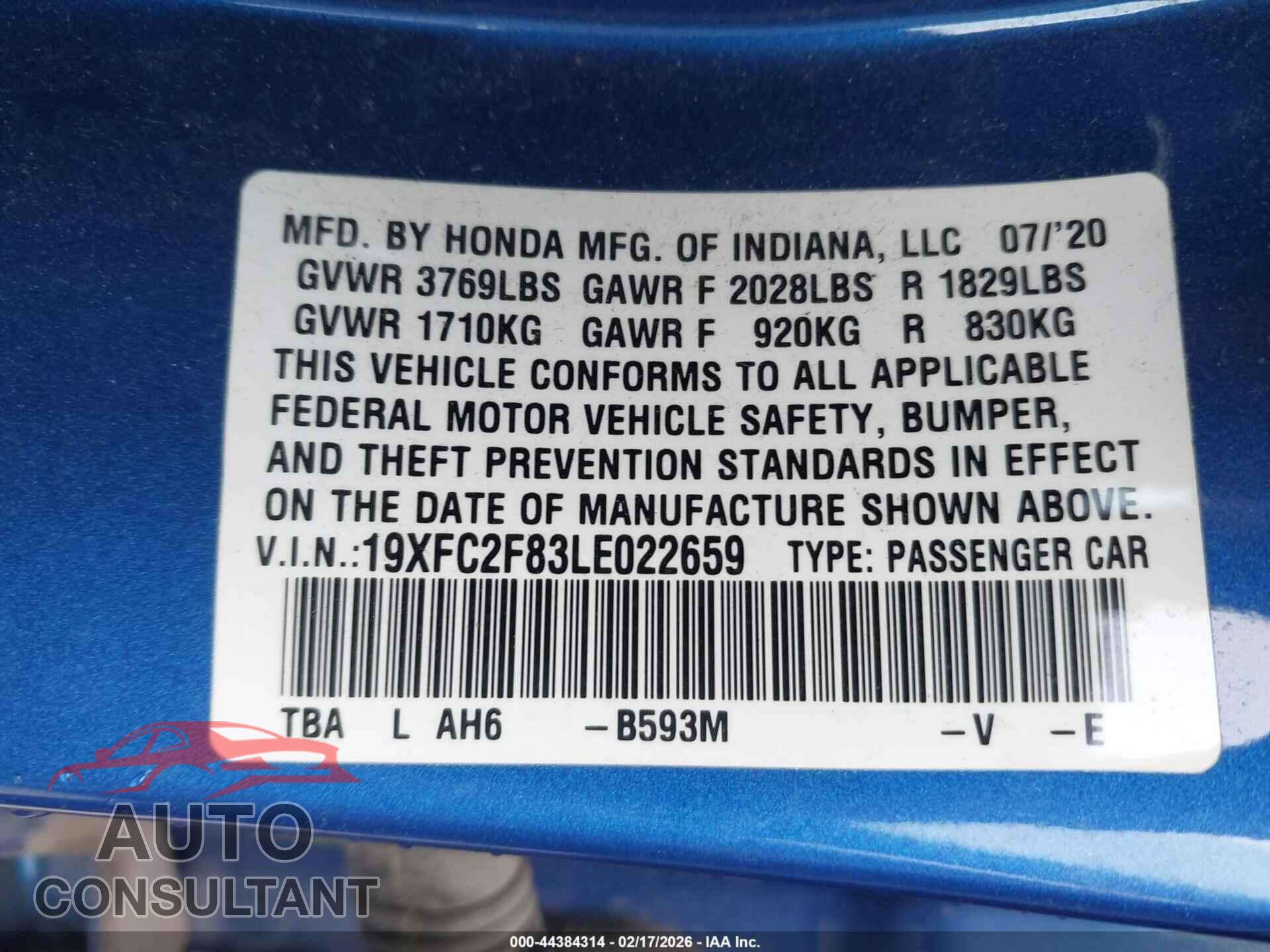 HONDA CIVIC 2020 - 19XFC2F83LE022659