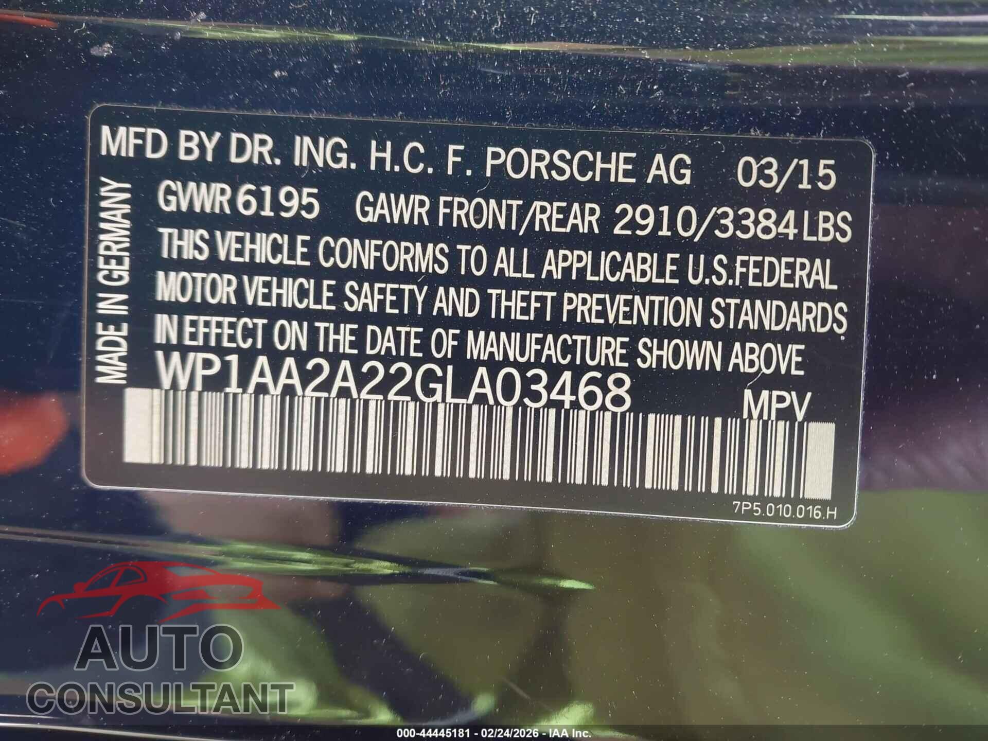 PORSCHE CAYENNE 2016 - WP1AA2A22GLA03468