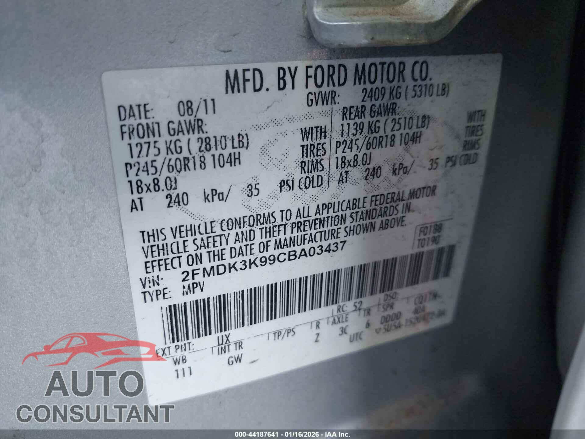 FORD EDGE 2012 - 2FMDK3K99CBA03437