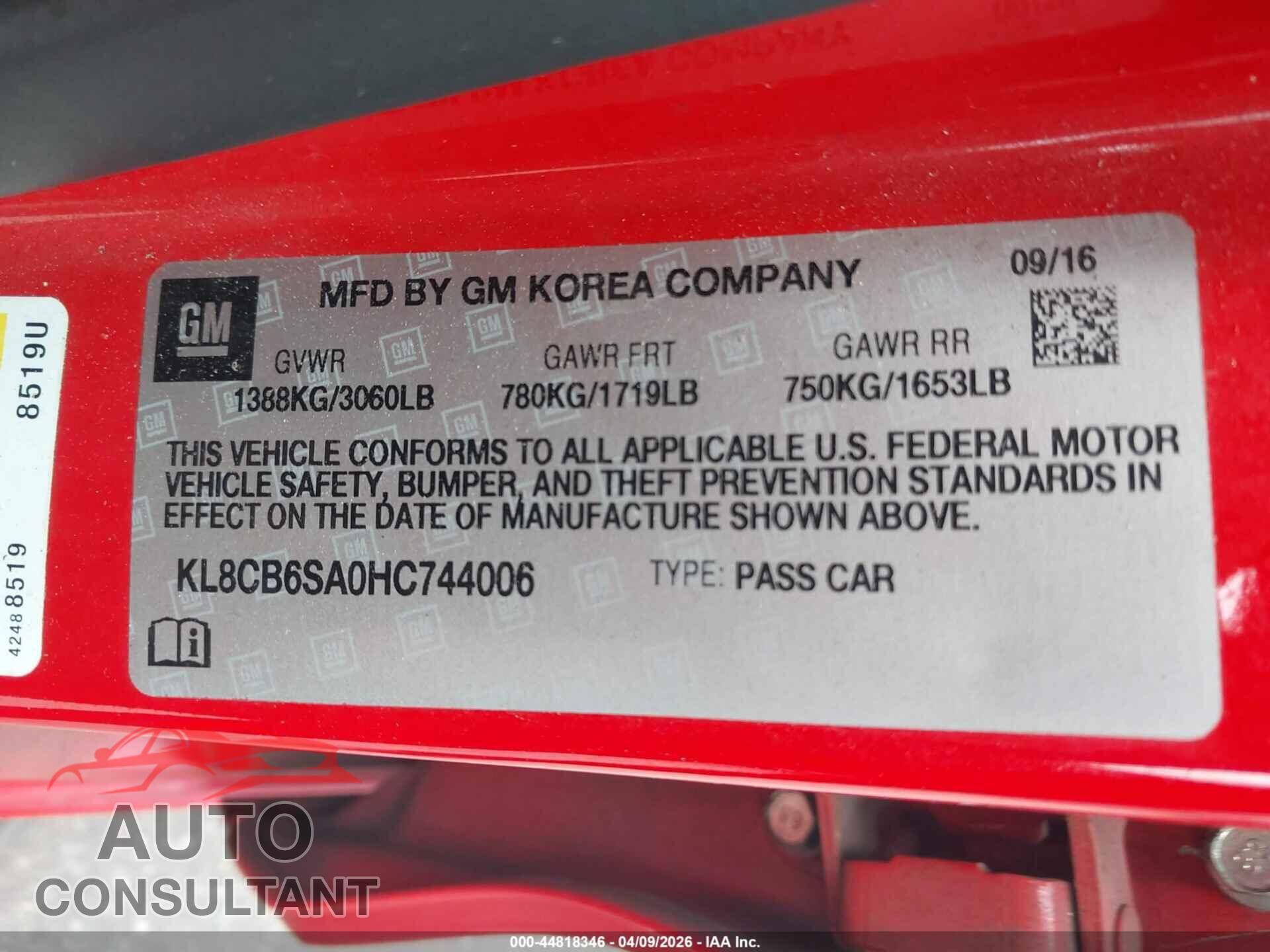 CHEVROLET SPARK 2017 - KL8CB6SA0HC744006