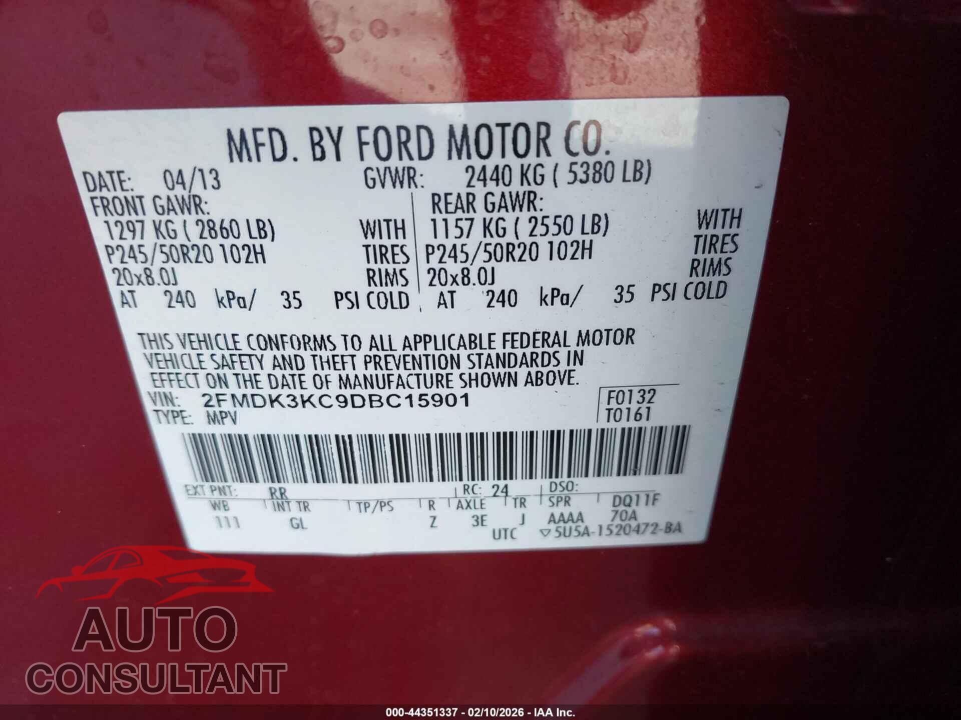 FORD EDGE 2013 - 2FMDK3KC9DBC15901