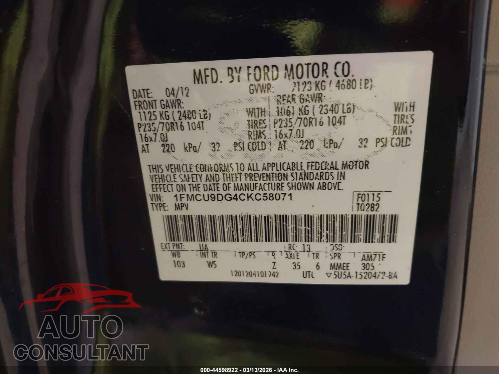 FORD ESCAPE 2012 - 1FMCU9DG4CKC58071