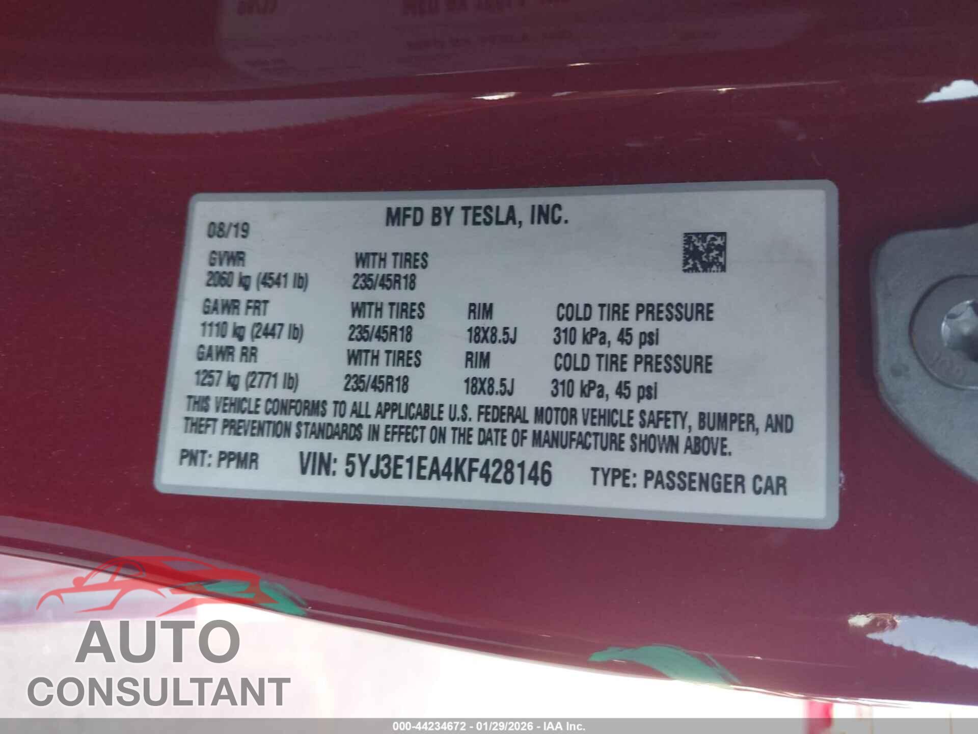 TESLA MODEL 3 2019 - 5YJ3E1EA4KF428146