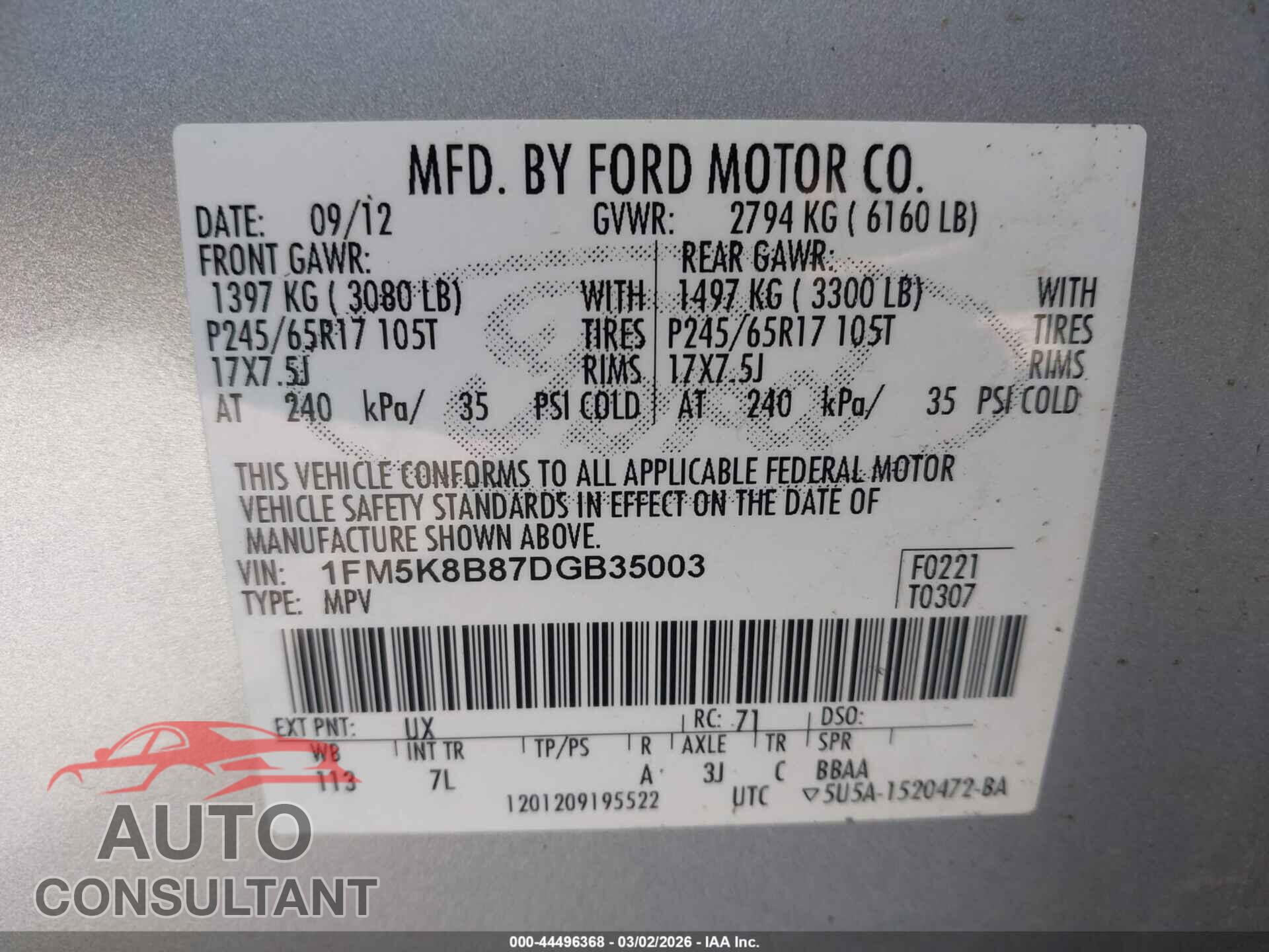 FORD EXPLORER 2013 - 1FM5K8B87DGB35003
