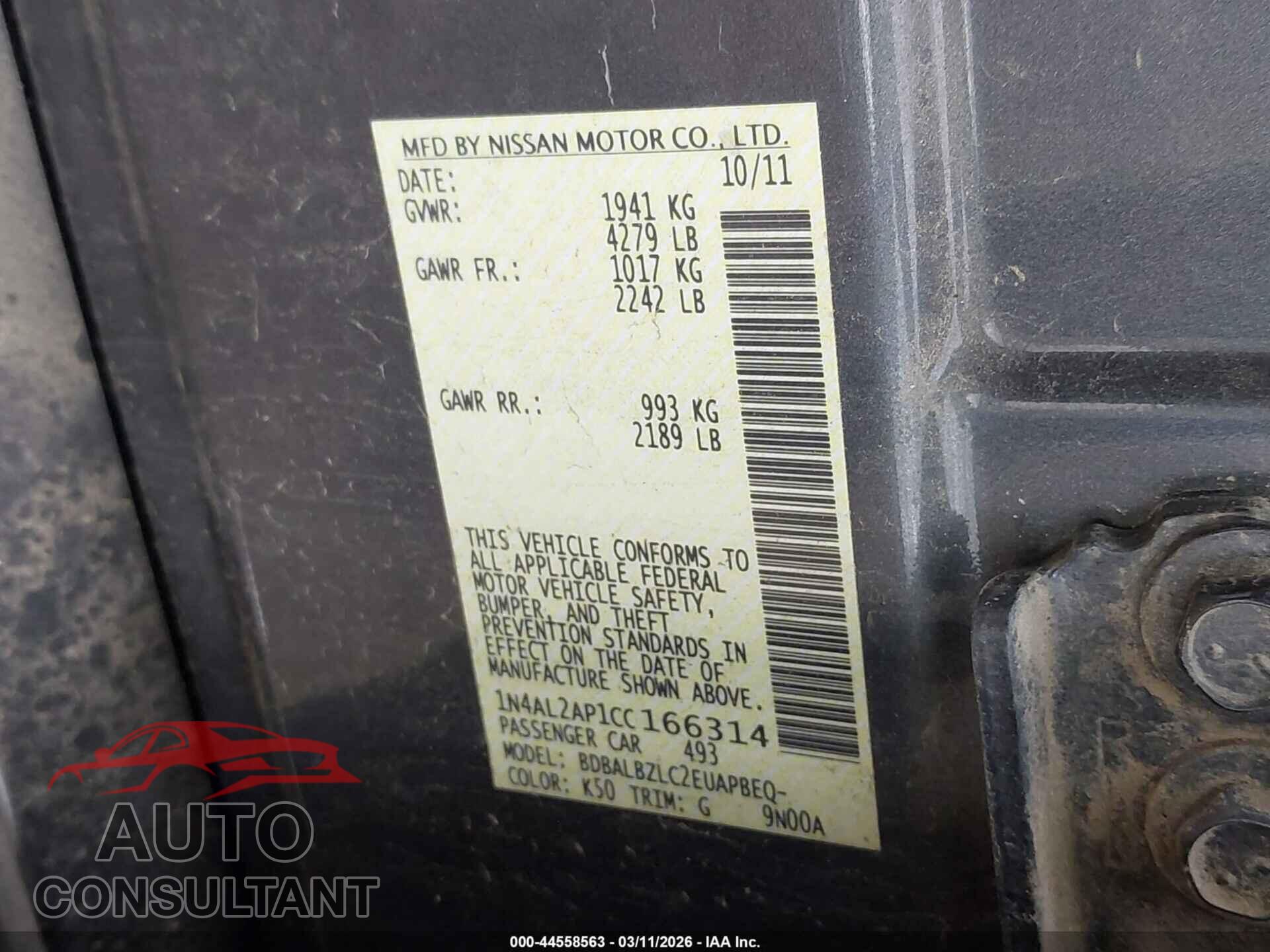 NISSAN ALTIMA 2012 - 1N4AL2AP1CC166314