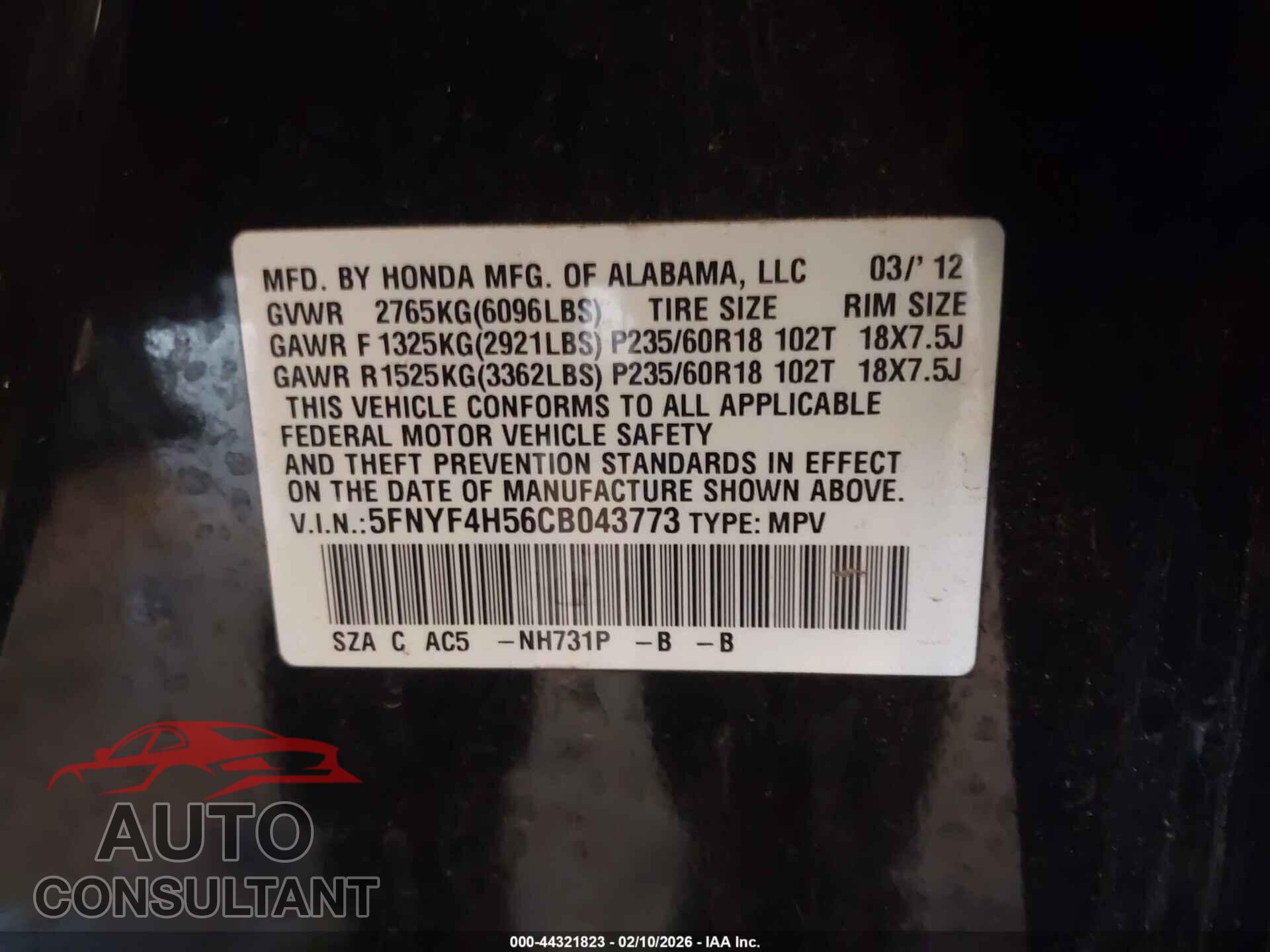 HONDA PILOT 2012 - 5FNYF4H56CB043773