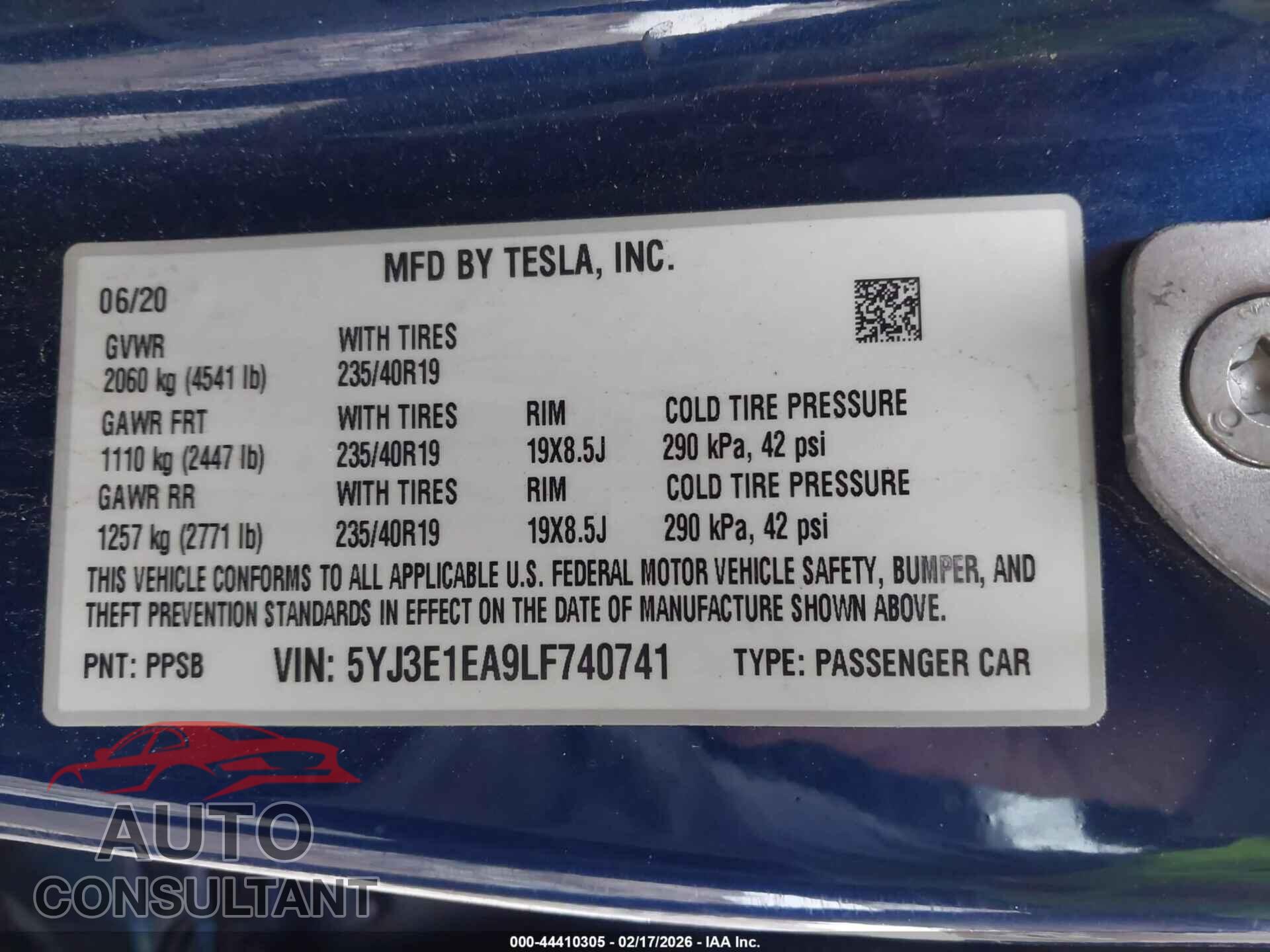 TESLA MODEL 3 2020 - 5YJ3E1EA9LF740741