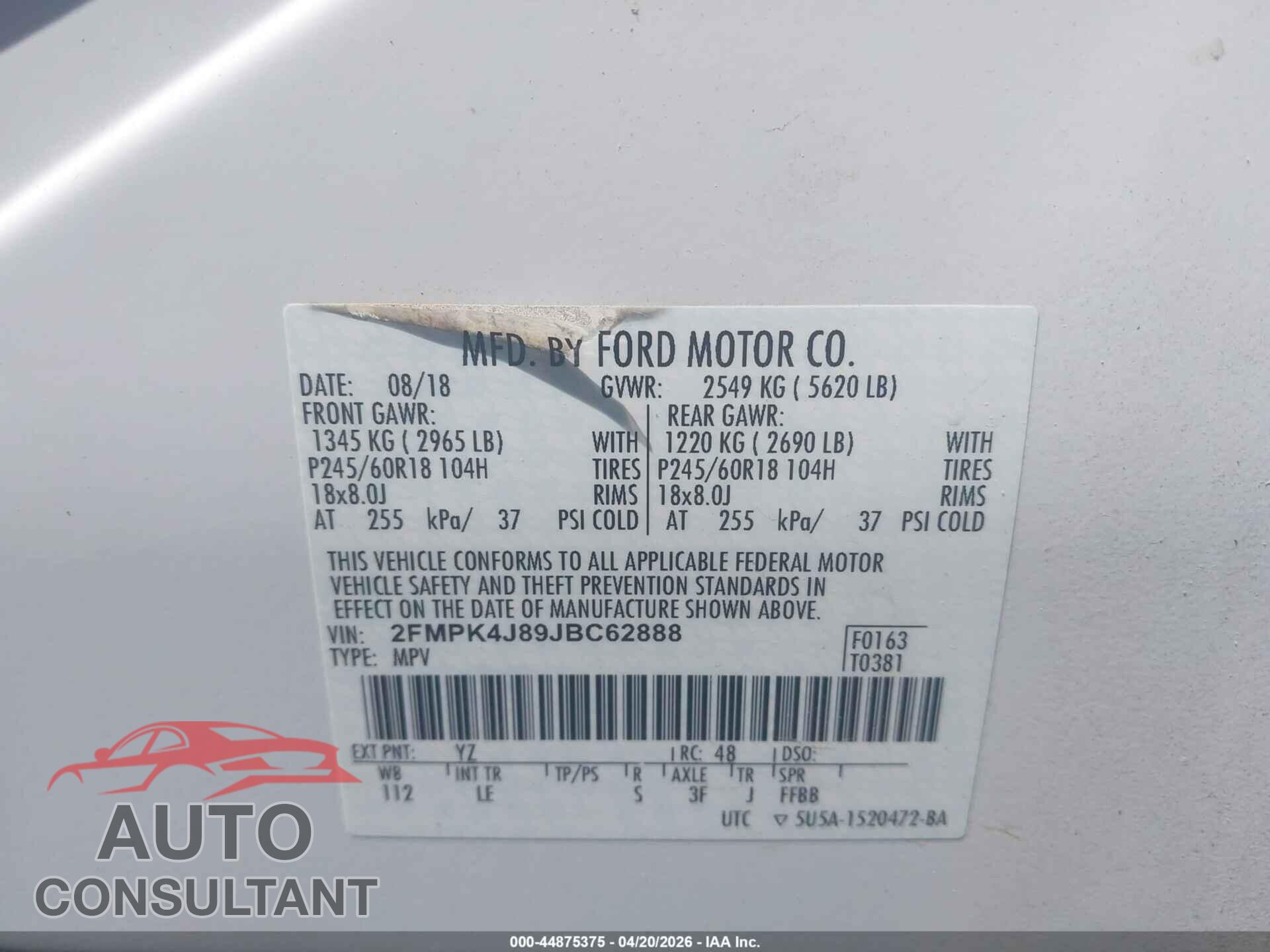 FORD EDGE 2018 - 2FMPK4J89JBC62888