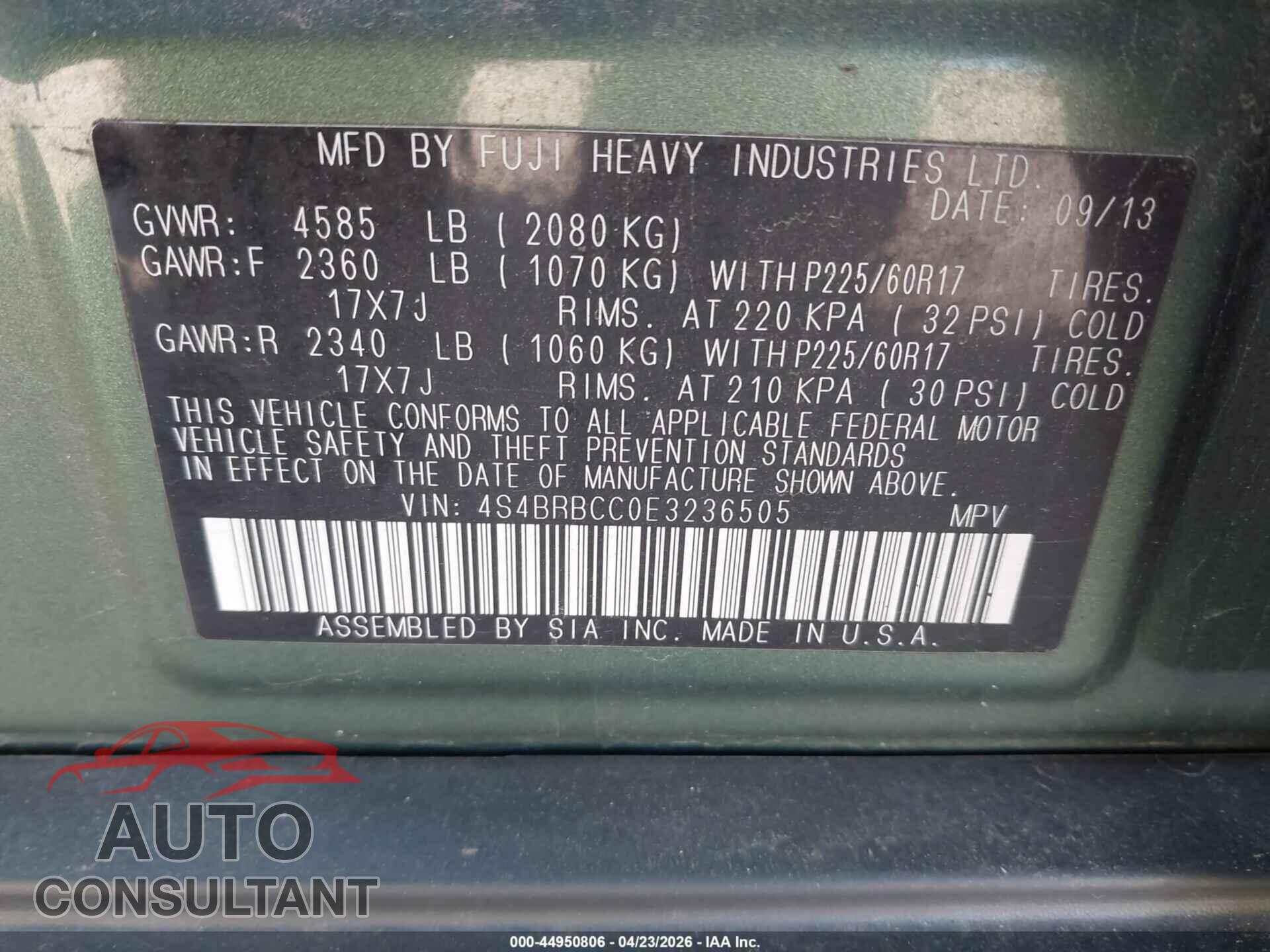 SUBARU OUTBACK 2014 - 4S4BRBCC0E3236505