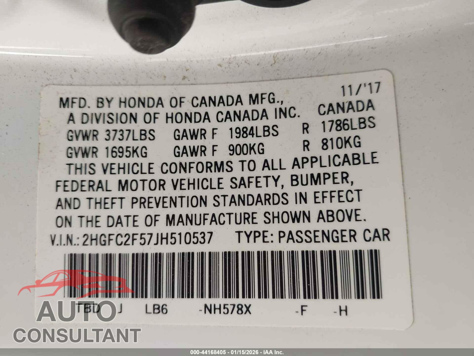 HONDA CIVIC 2018 - 2HGFC2F57JH510537