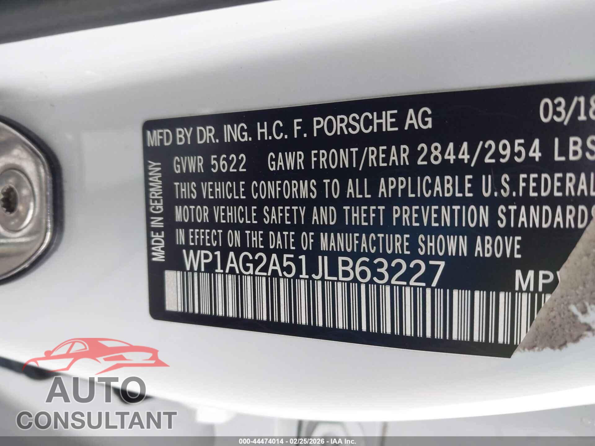 PORSCHE MACAN 2018 - WP1AG2A51JLB63227