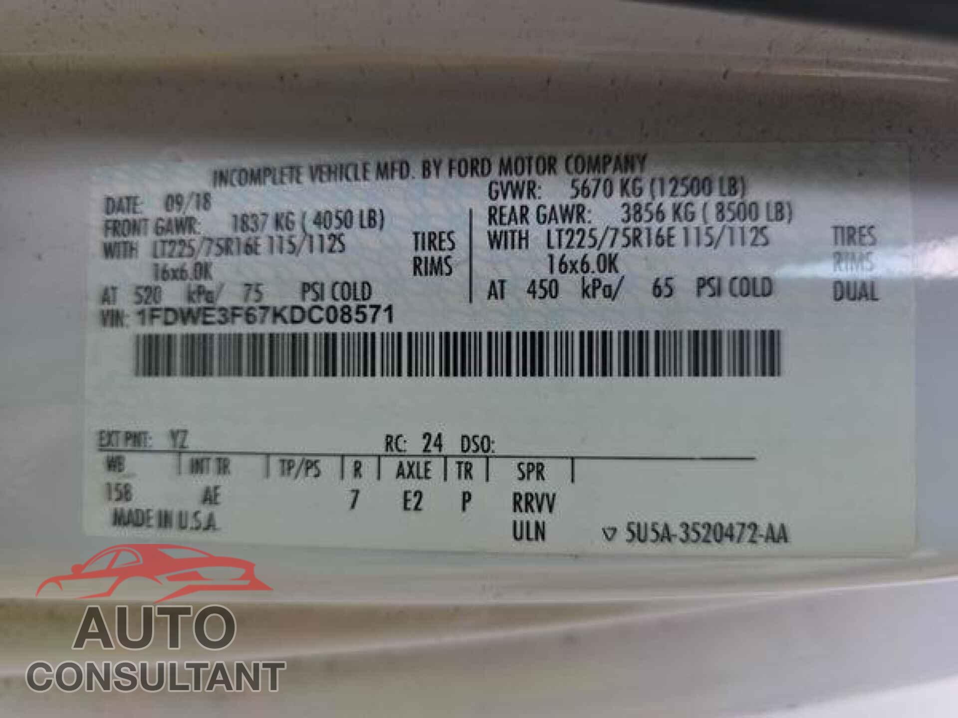 FORD E-350 CUTAWAY 2019 - 1FDWE3F67KDC08571