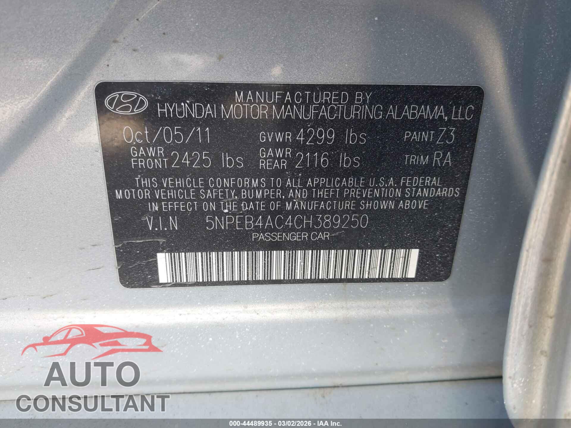 HYUNDAI SONATA 2012 - 5NPEB4AC4CH389250