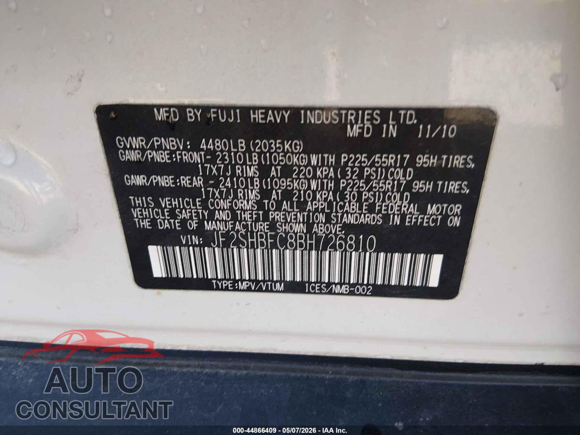 SUBARU FORESTER 2011 - JF2SHBFC8BH726810