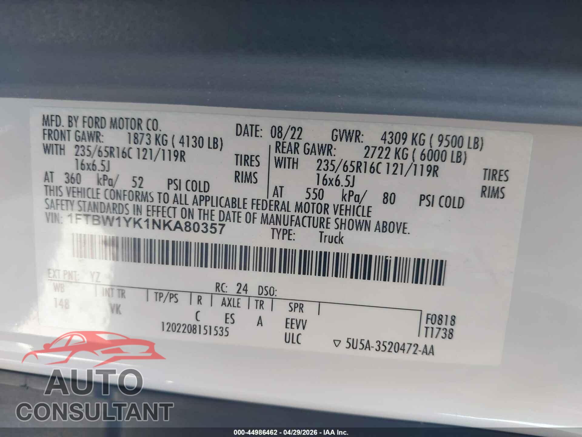 FORD E-TRANSIT-350 2022 - 1FTBW1YK1NKA80357