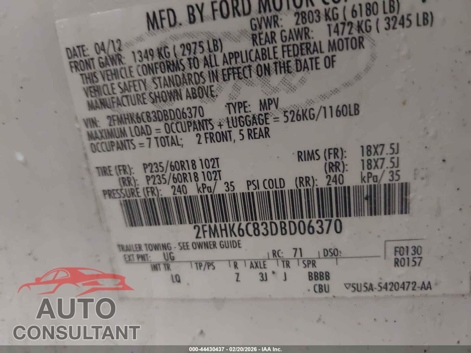 FORD FLEX 2013 - 2FMHK6C83DBD06370