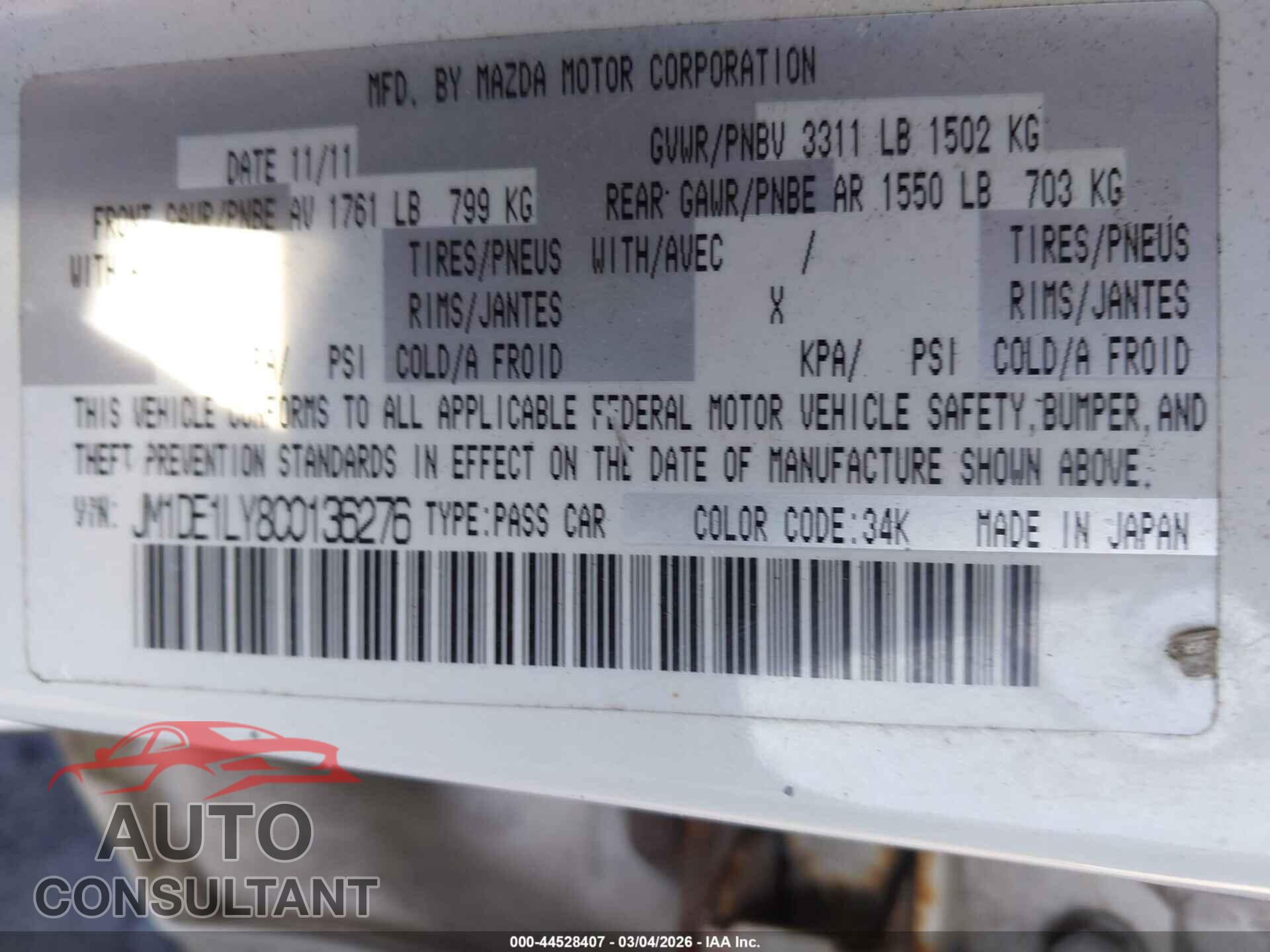 MAZDA MAZDA2 2012 - JM1DE1LY8C0136276